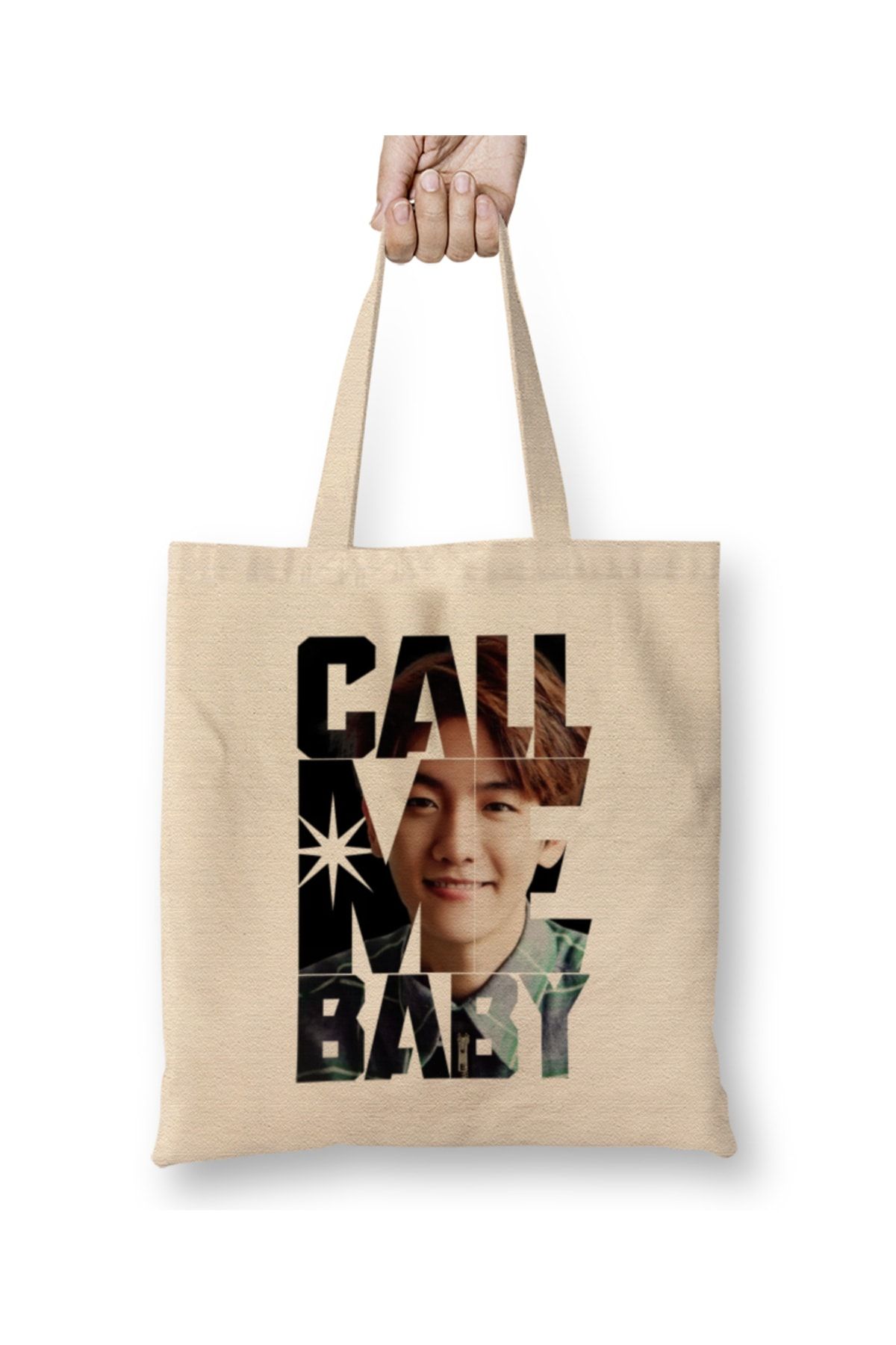 Baskı Dükkanı Exo Baekhyun Call Me Baby Typography Bez Çanta Uzun Saplı