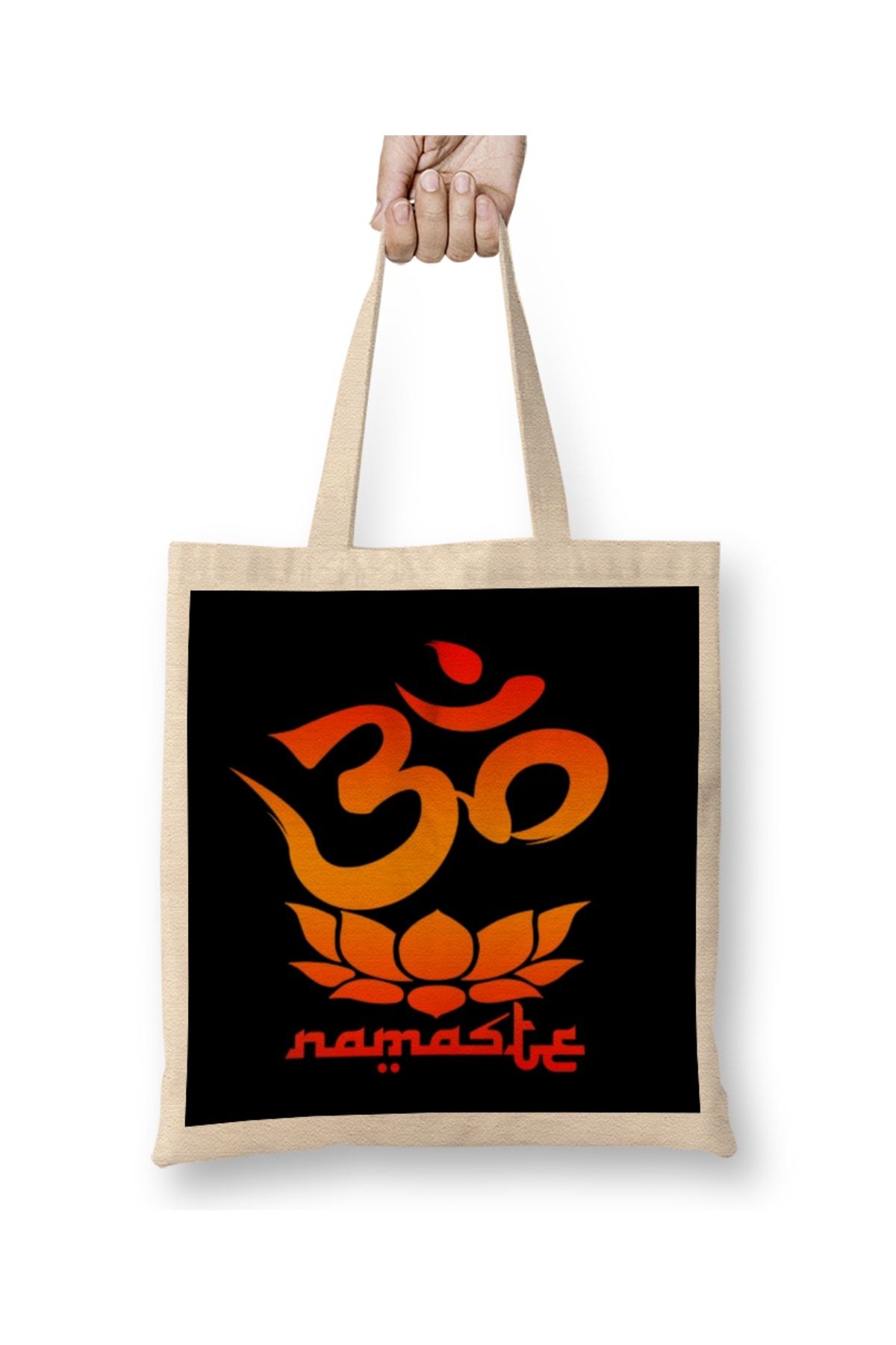 Baskı Dükkanı Namaste Symbol with Lotus Flower Bez Çanta Uzun Saplı