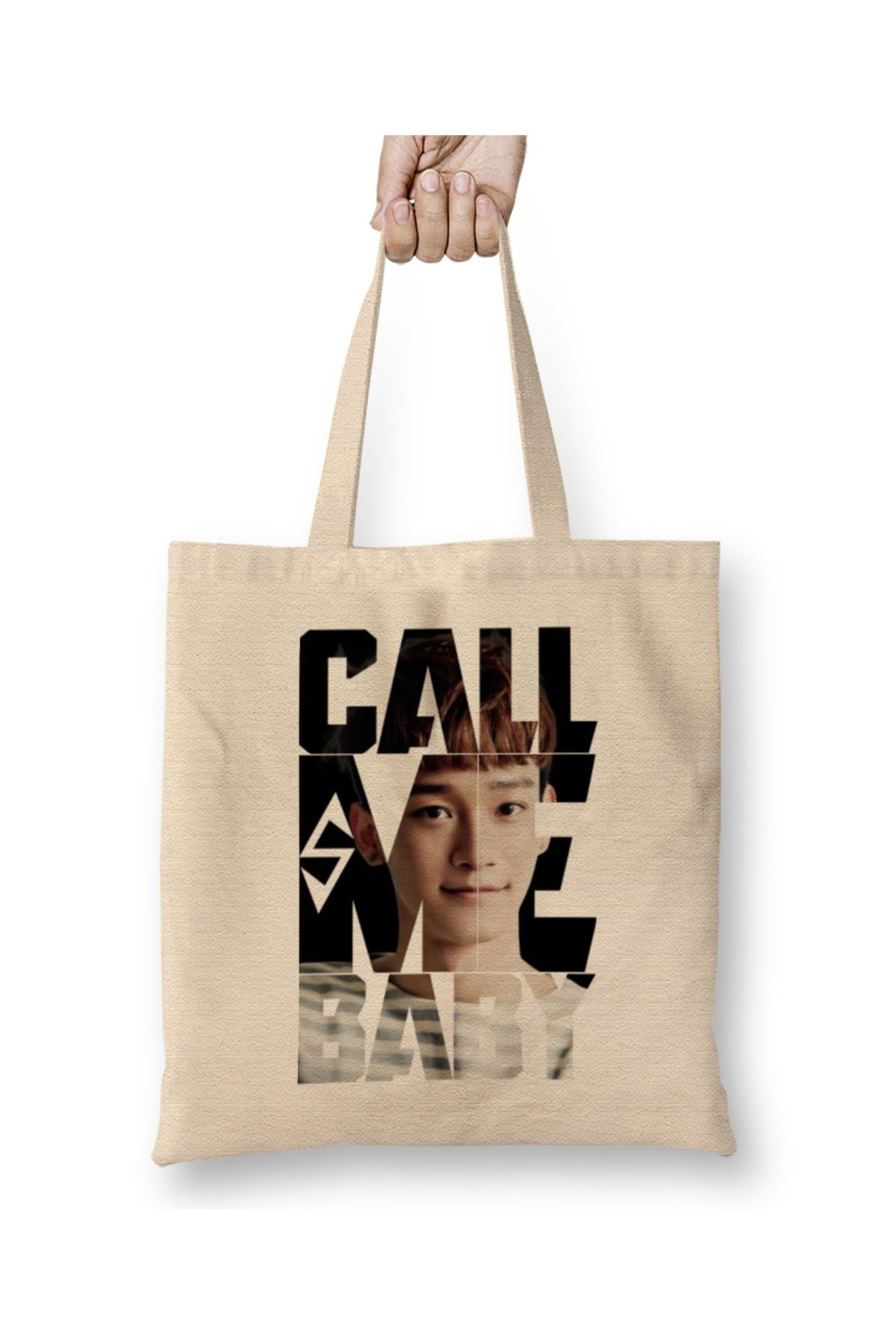 Baskı Dükkanı Exo Chen Call Me Baby Typography Bez Çanta Uzun Saplı