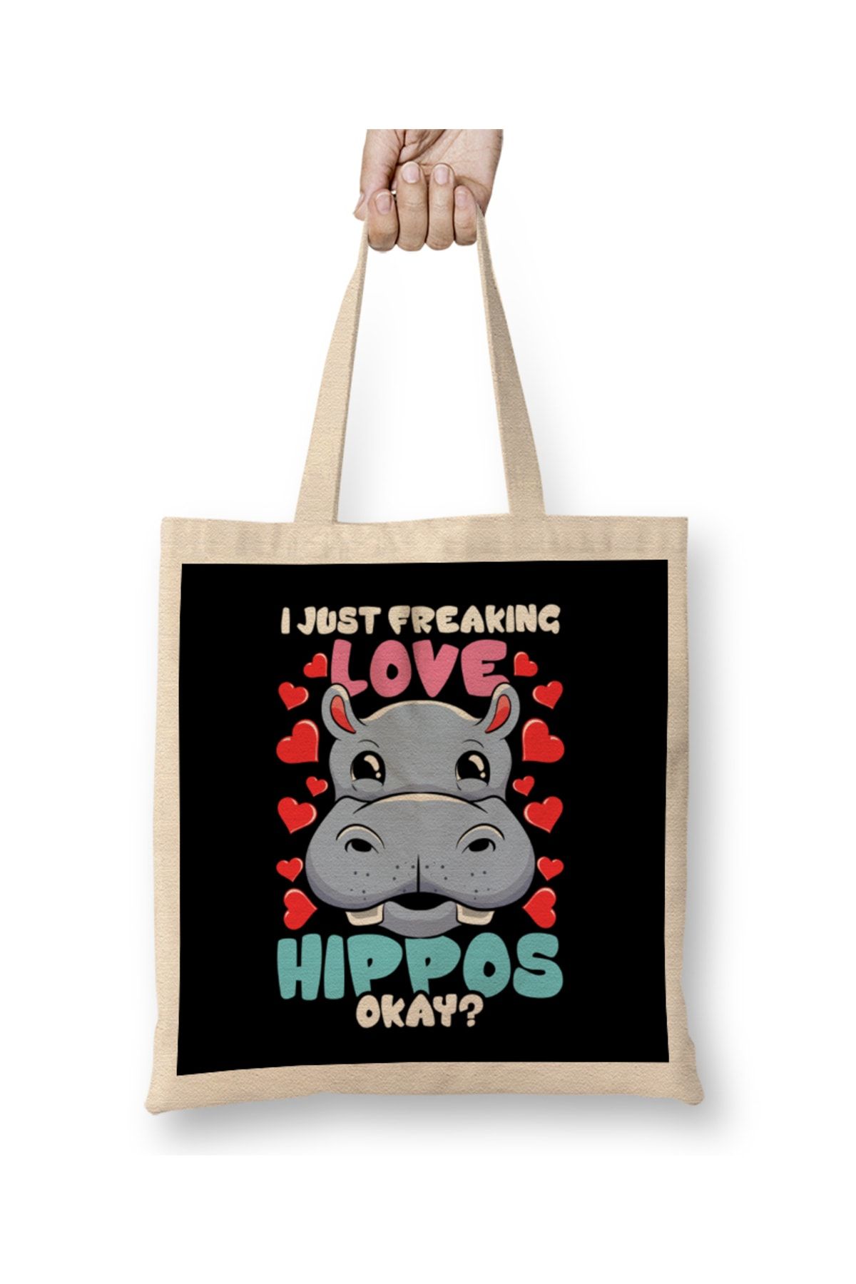 Baskı Dükkanı I Just Freaking Love Hippos Okay Hippo Lover Bez Çanta Uzun Saplı