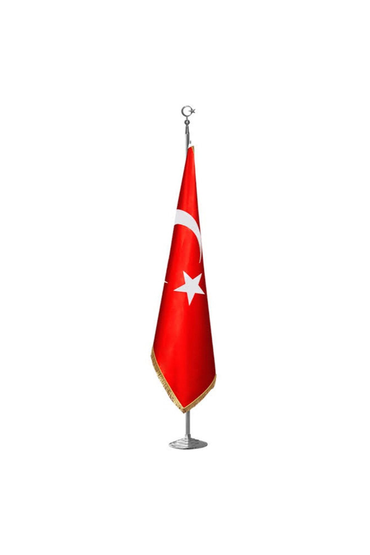 ZC Bayrak Türk Makam Bayrağı Krom Kaplı Direk Ve Simli Bayrak Seti