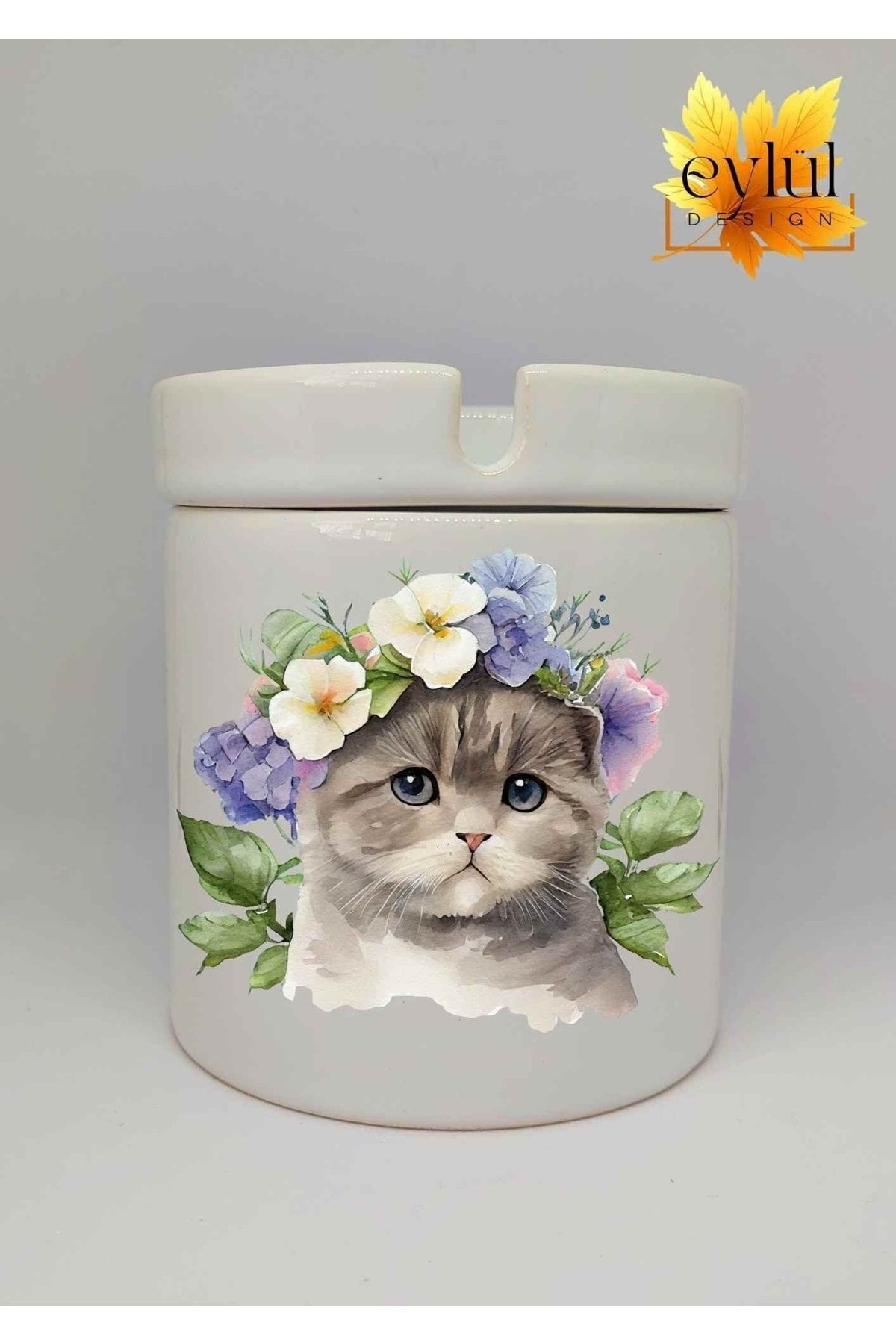Eylül Design Çiçekli Kedi Baskılı Özel Tasarım Baskılı Seramik Küllük Kokusuz Kültablası-3
