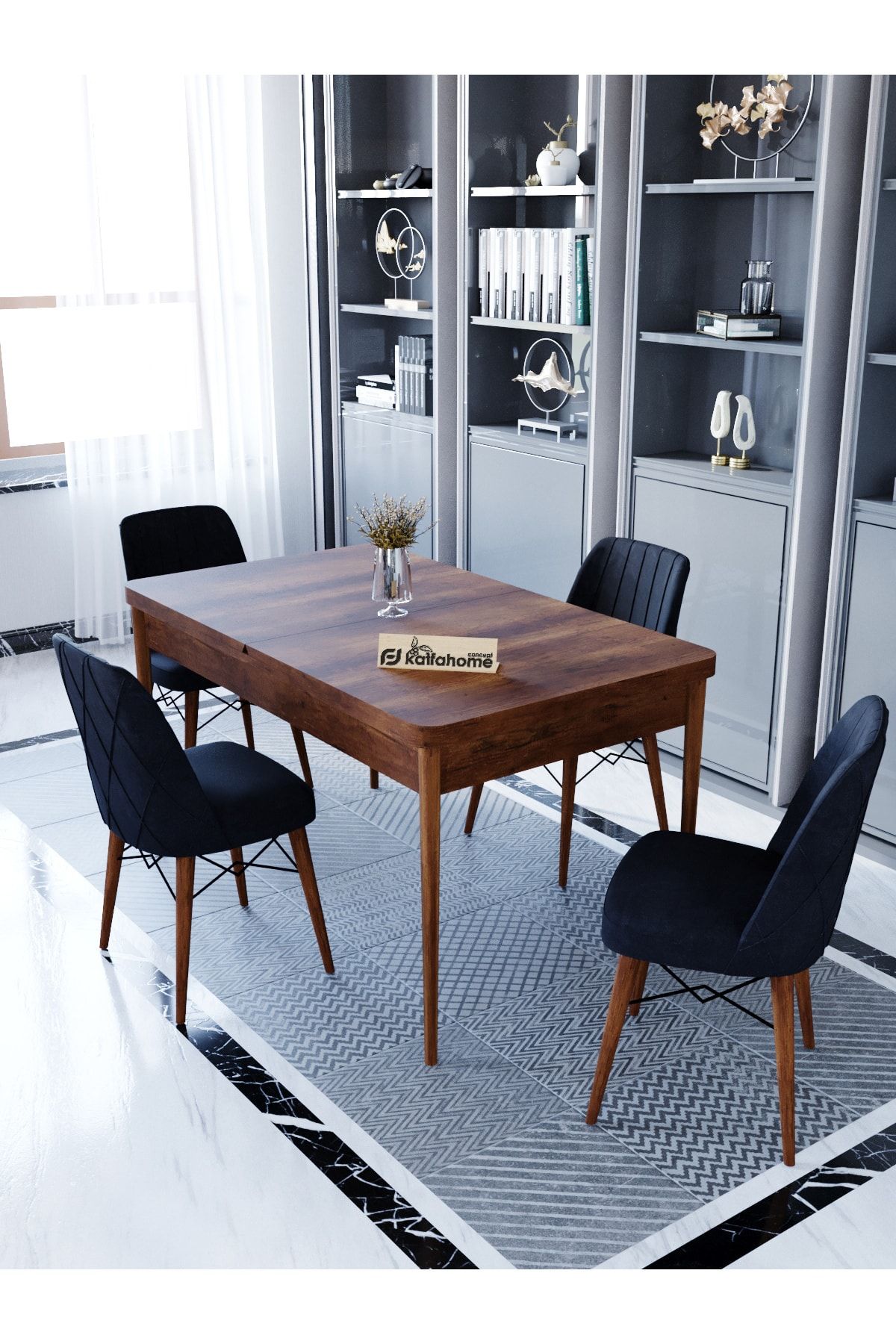 Kaffahome Ovo Barok 80x130 Cm Açılır Mutfak Masası , 4 Kişilik Masa Sandalye Takımı - Siyah