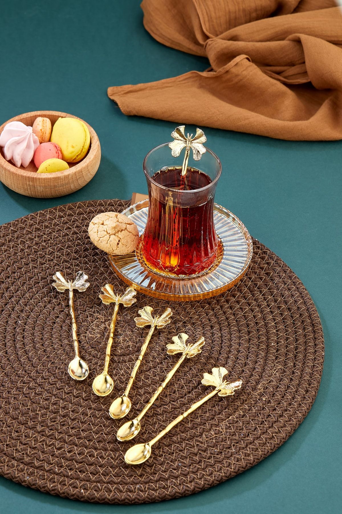 Madame Kitchen 6 Adet Kelebek Model Çay Kaşığı Zamak Gold Çay Kaşığı Kelebek Desenli