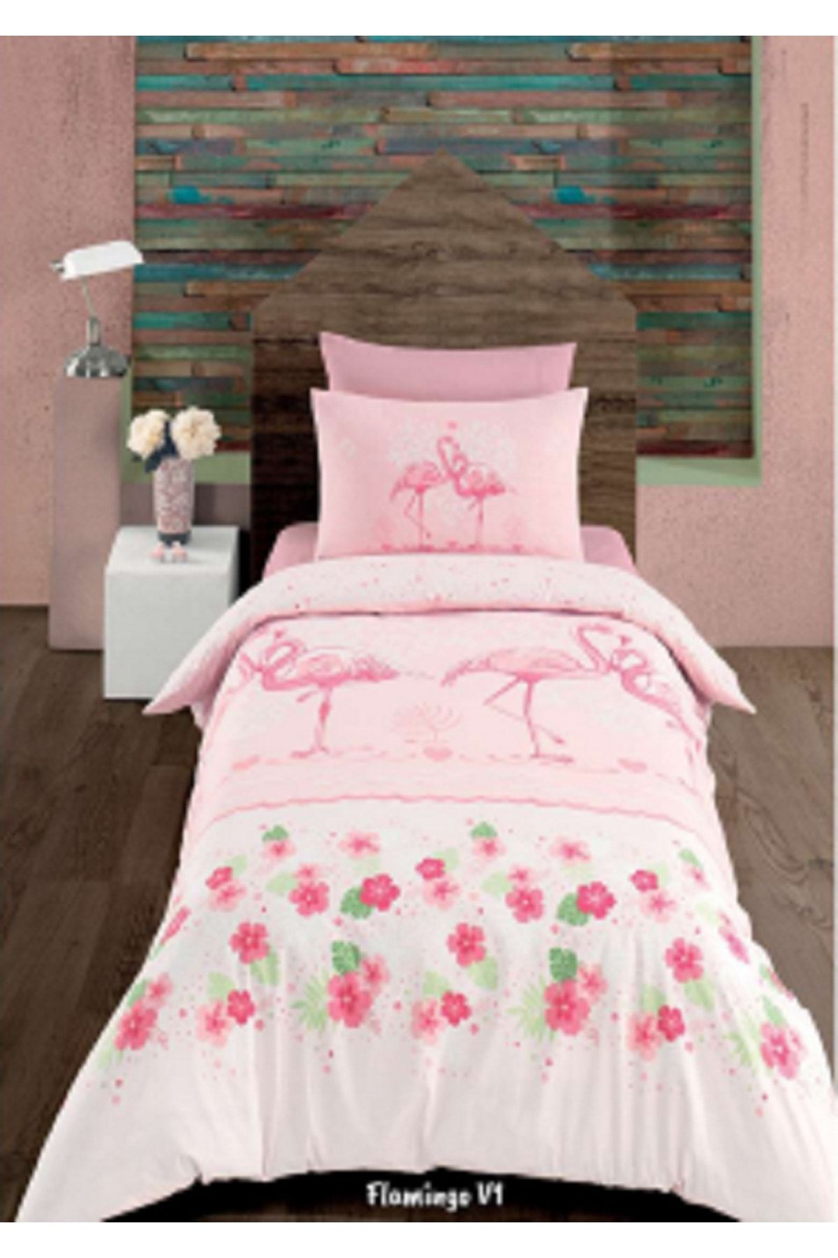 Majoli Flamingo Tek Kişilik Kapitoneli Nevresim Takımı 4 Mevsim Set % 100 Pamuk Ranforce Kumaş