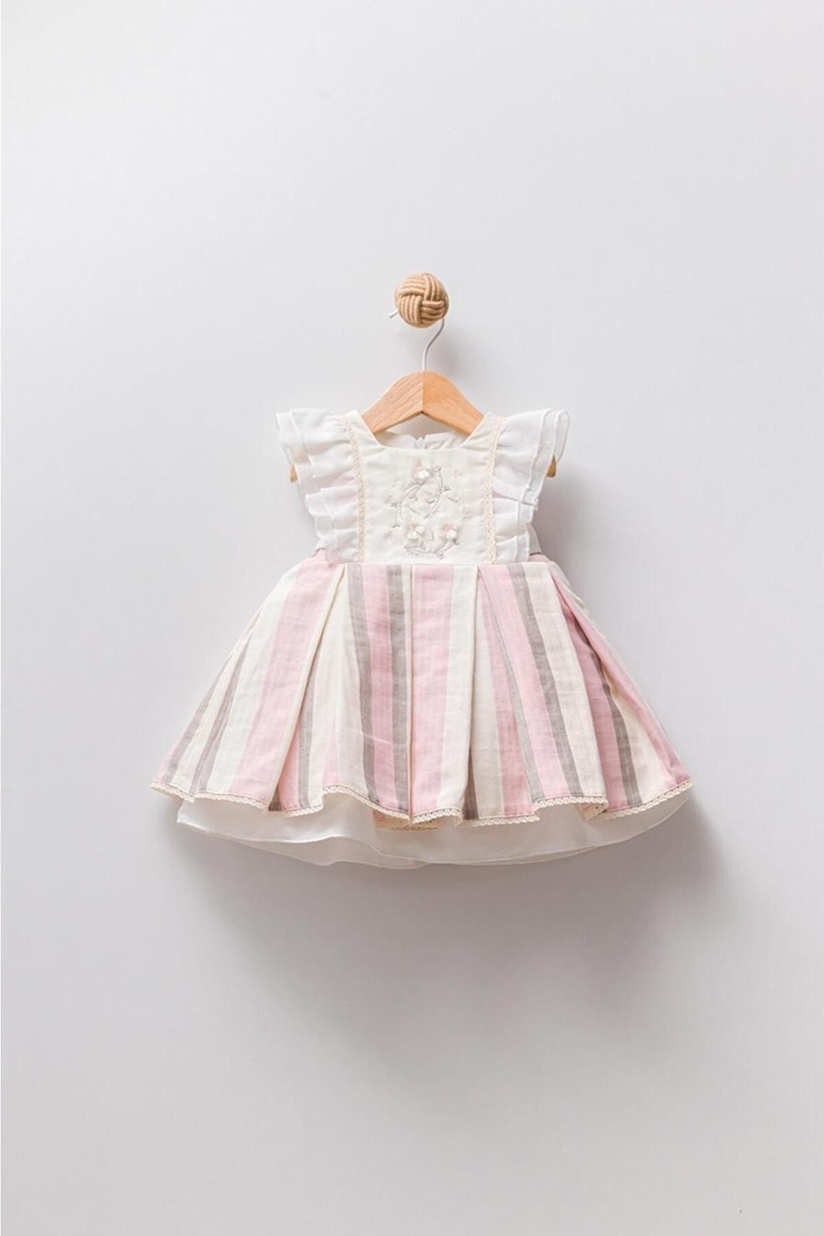 Babydola Papatya Nakışlı Pileli Bayramlık Kız Bebek Elbise 13903