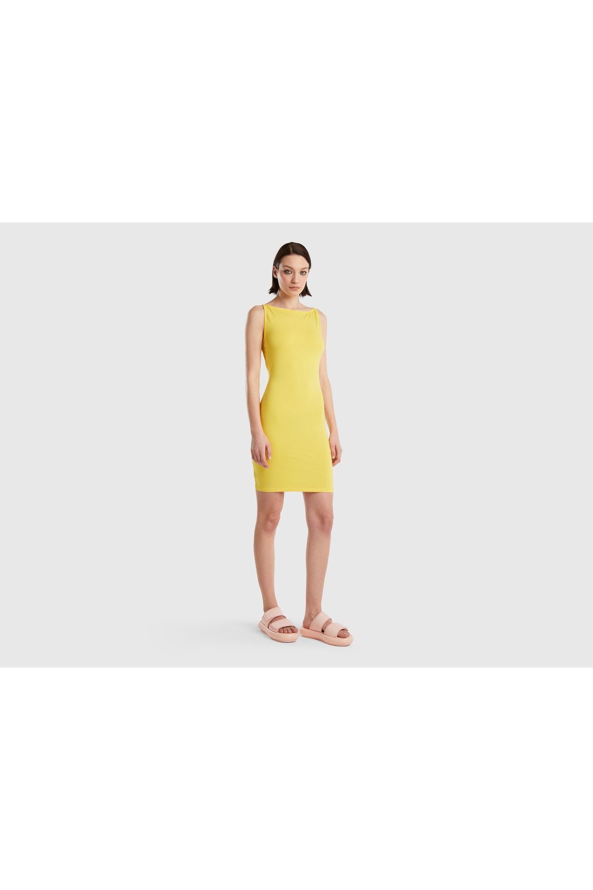 United Colors of Benetton Kadın Sarı %100 Koton Arkası İnce Askılı Elbise Sarı