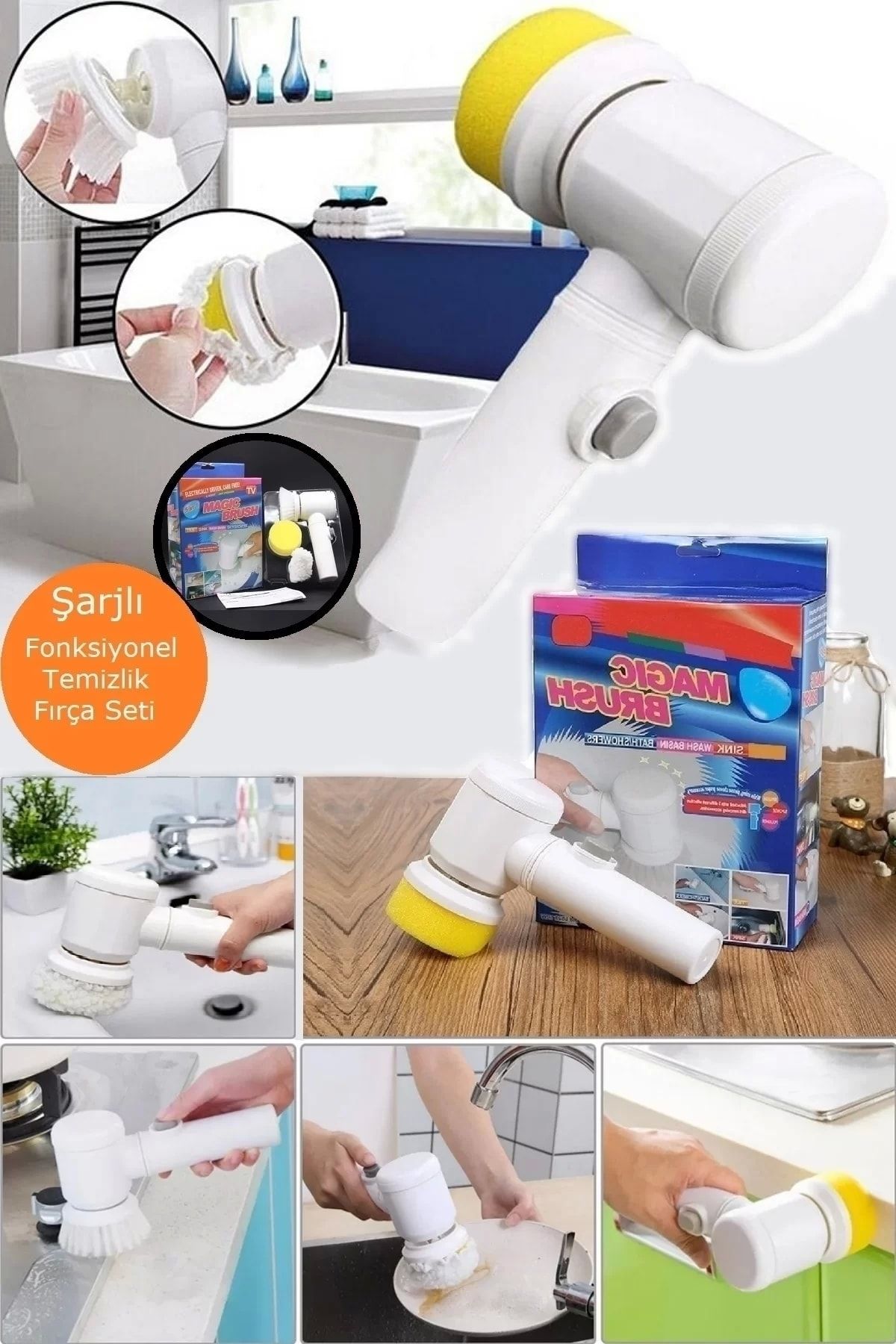 Genel Markalar Usb Şarjlı Mutfak Tezgah Üstü Sihirli Bulaşık Yıkama Fırçası Kablosuz Ev Banyo Temizlik Sünger Seti