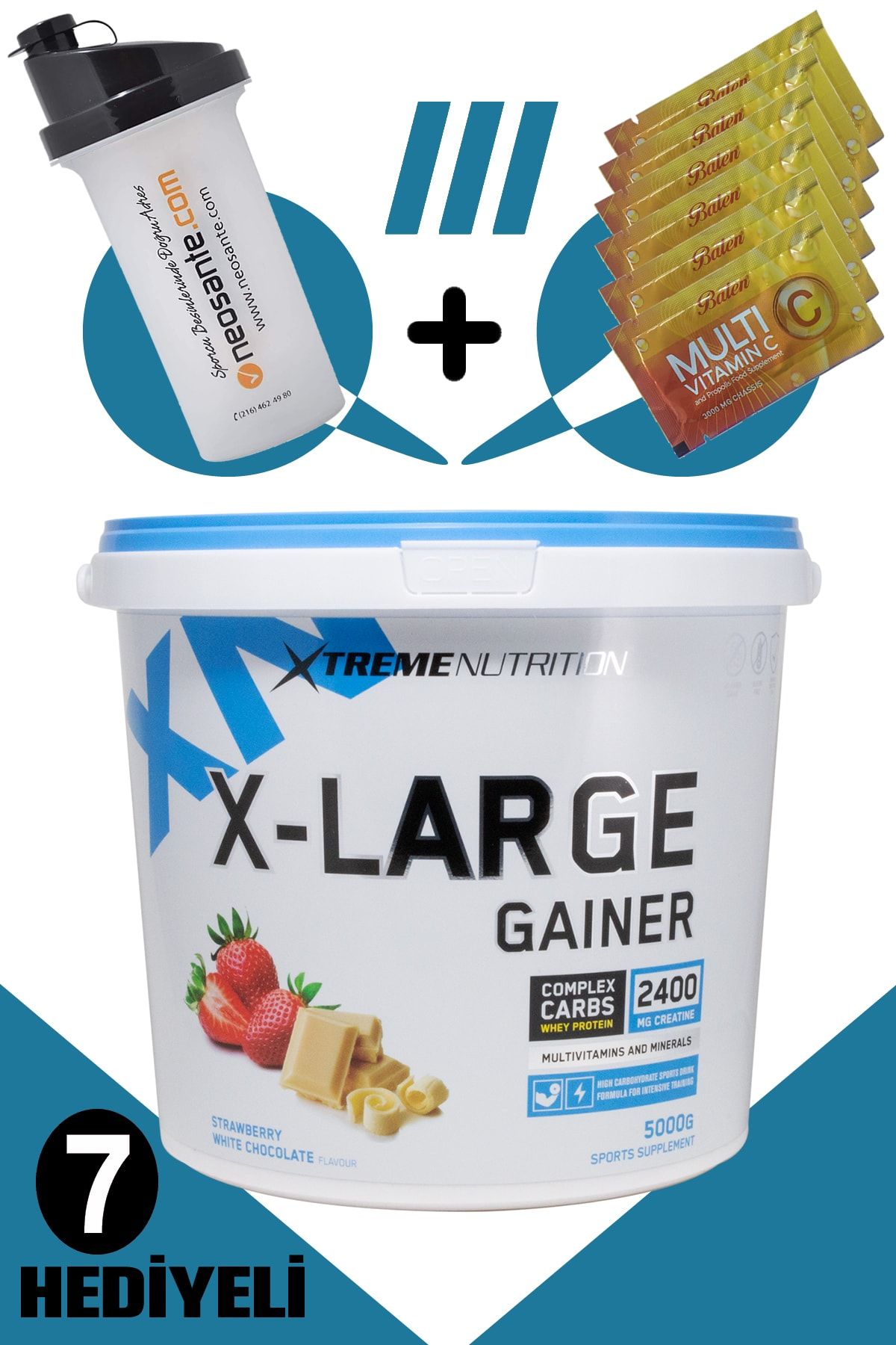 Xtreme Nutrition Xtreme X-Large Gainer 5000 gr (Çilek & Beyaz Çikolata) + 7 Hediyeli (Shaker + 6 Adet Multi C Saşe)
