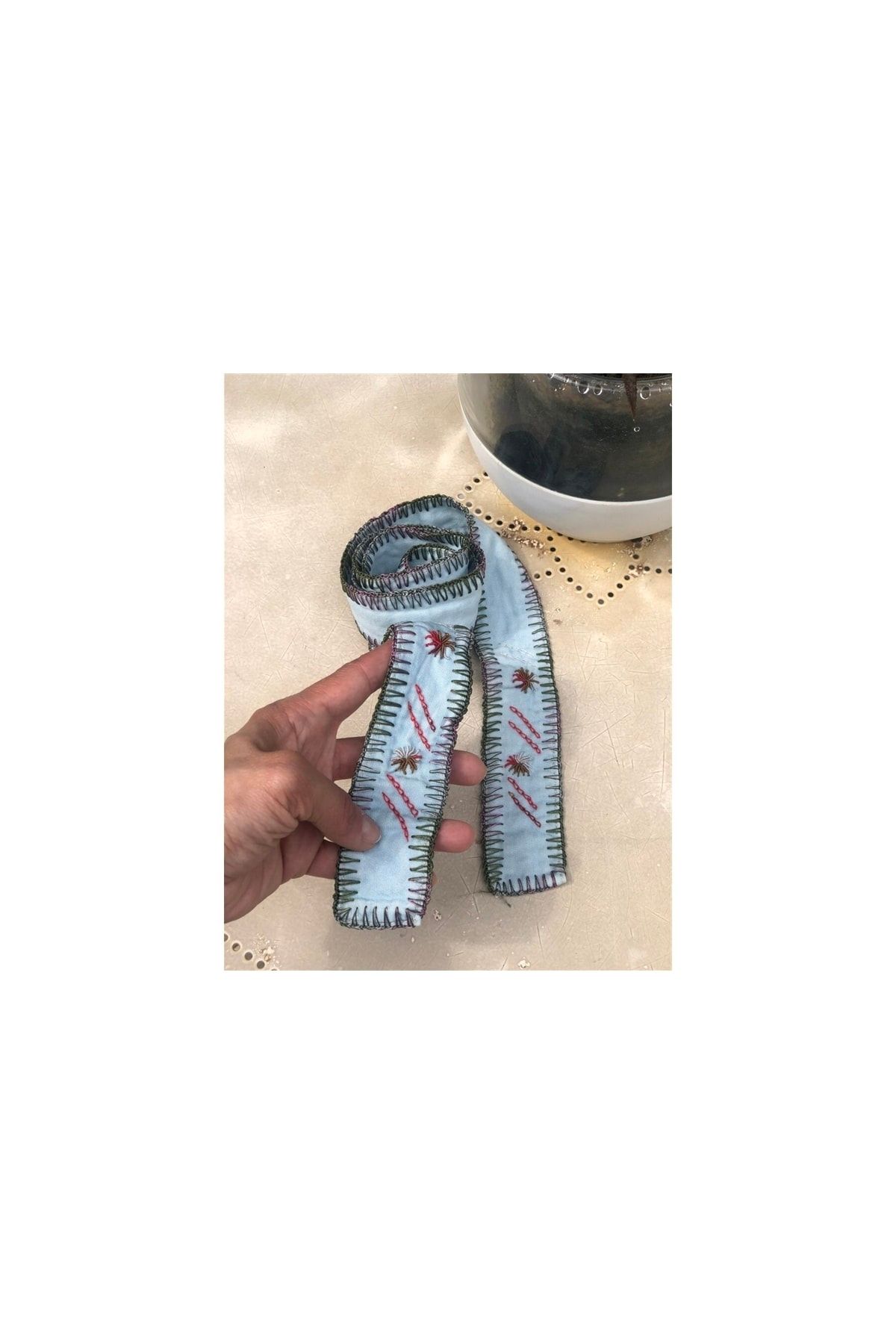 Gözde Tasarım Butik İğne oyalı işlemeli etnik denim kumaş kot kemer