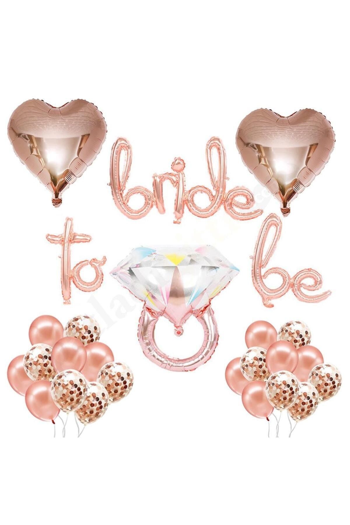 Patladı Gitti Bride To Be El Yazısı, Tek Taş Yüzük Ve Kalp Folyo Balonlu Rose Gold Set