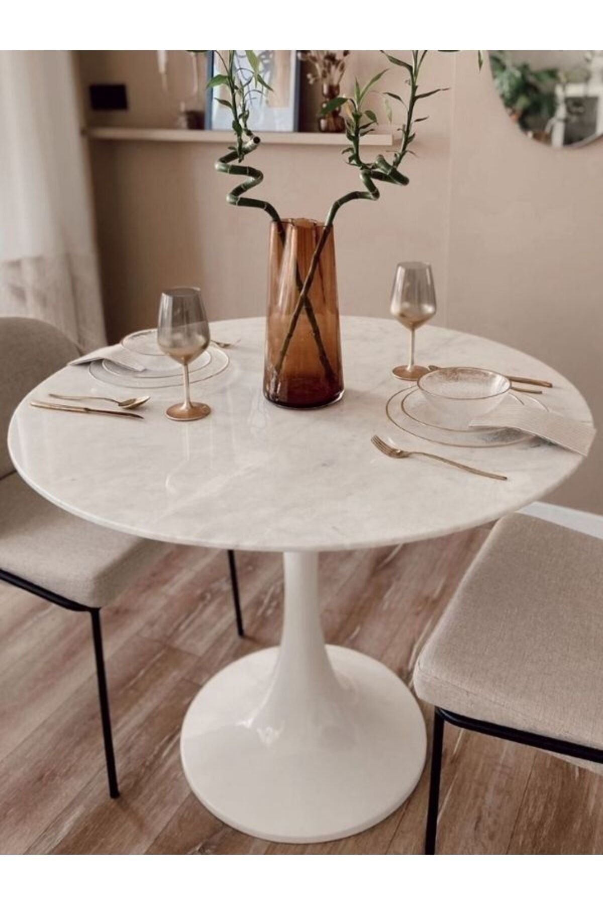 Evka Tulip Beyaz Masa Çap 100 Beyaz Mermer, Yemek Masası, Mutfak Masası