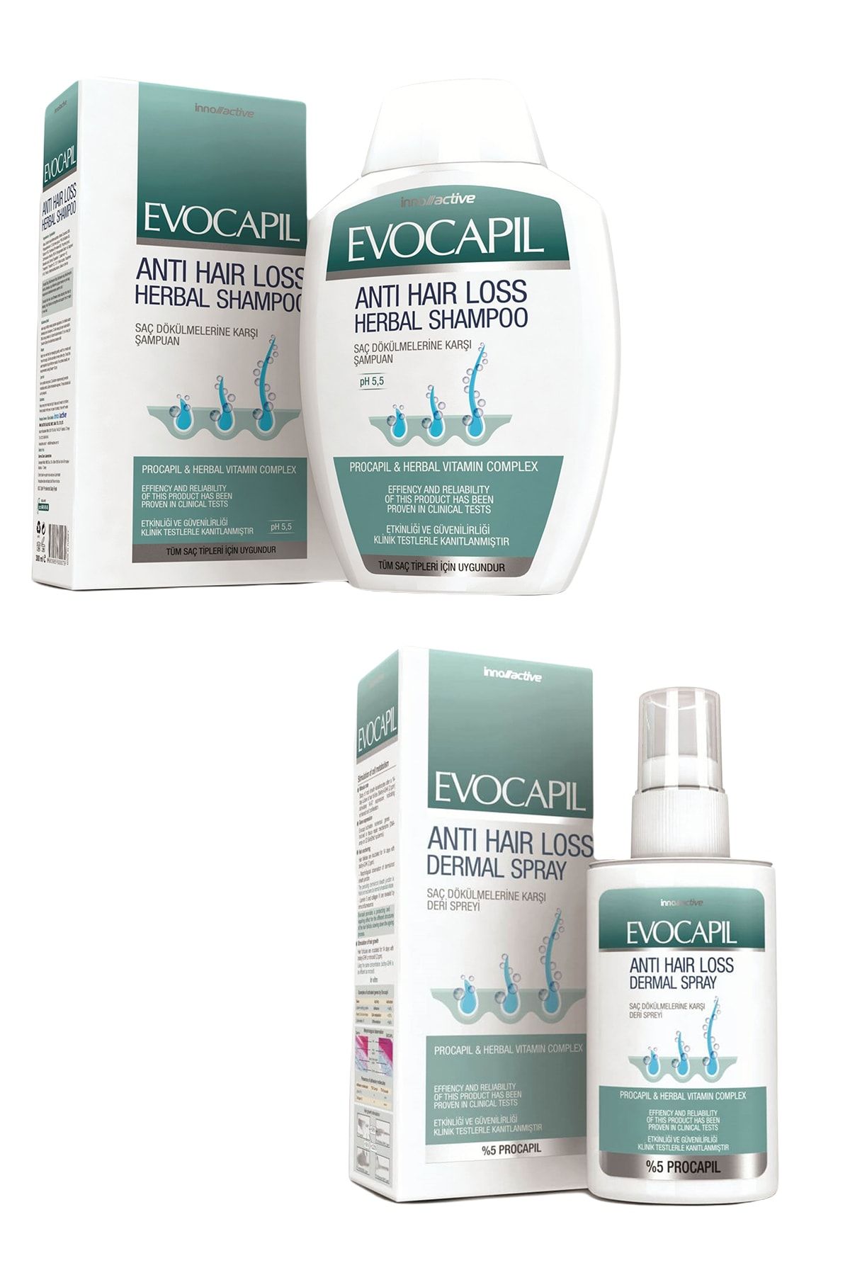 Evocapil Saç Dökülmelerine Karşı Doğal Şampuan 300 ml + Anti Hair Loss Sprey 60 Ml (2'li Set)