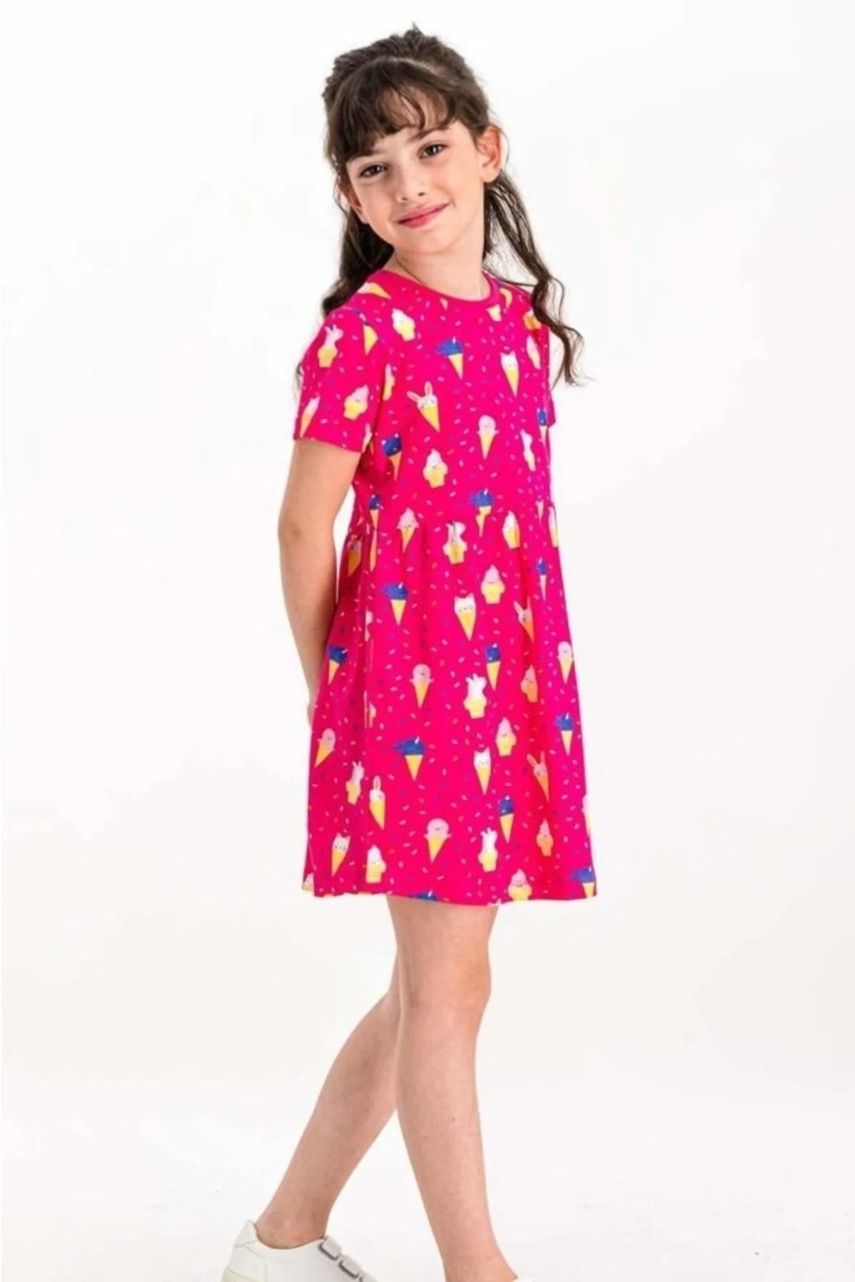 Rolypoly Cute Ice Cream Fuşya Kız Çocuk Homewear Elbise
