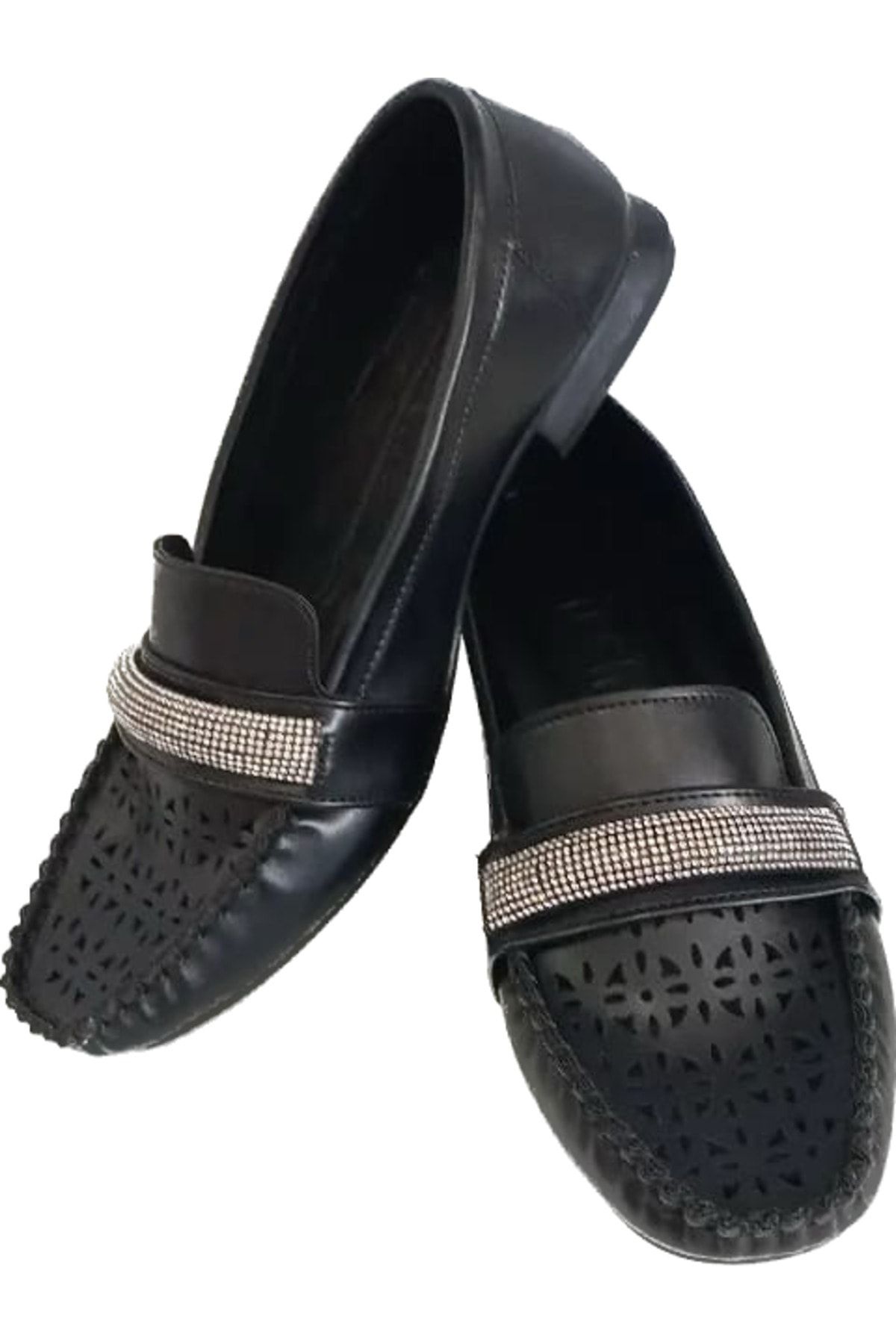 İpek kadın siyah yumuşak rahat taban taşlı anne ayakkabısı babet loafer