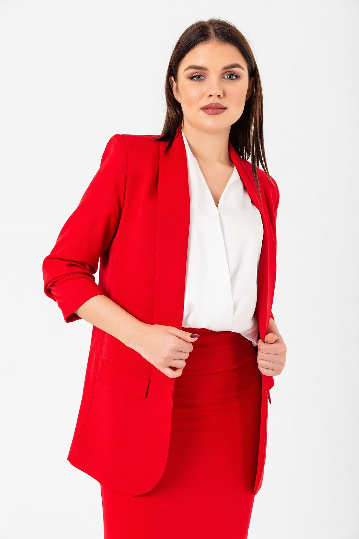 Swass Kolu Büzgülü Kırmızı Blazer Kadın Ceket