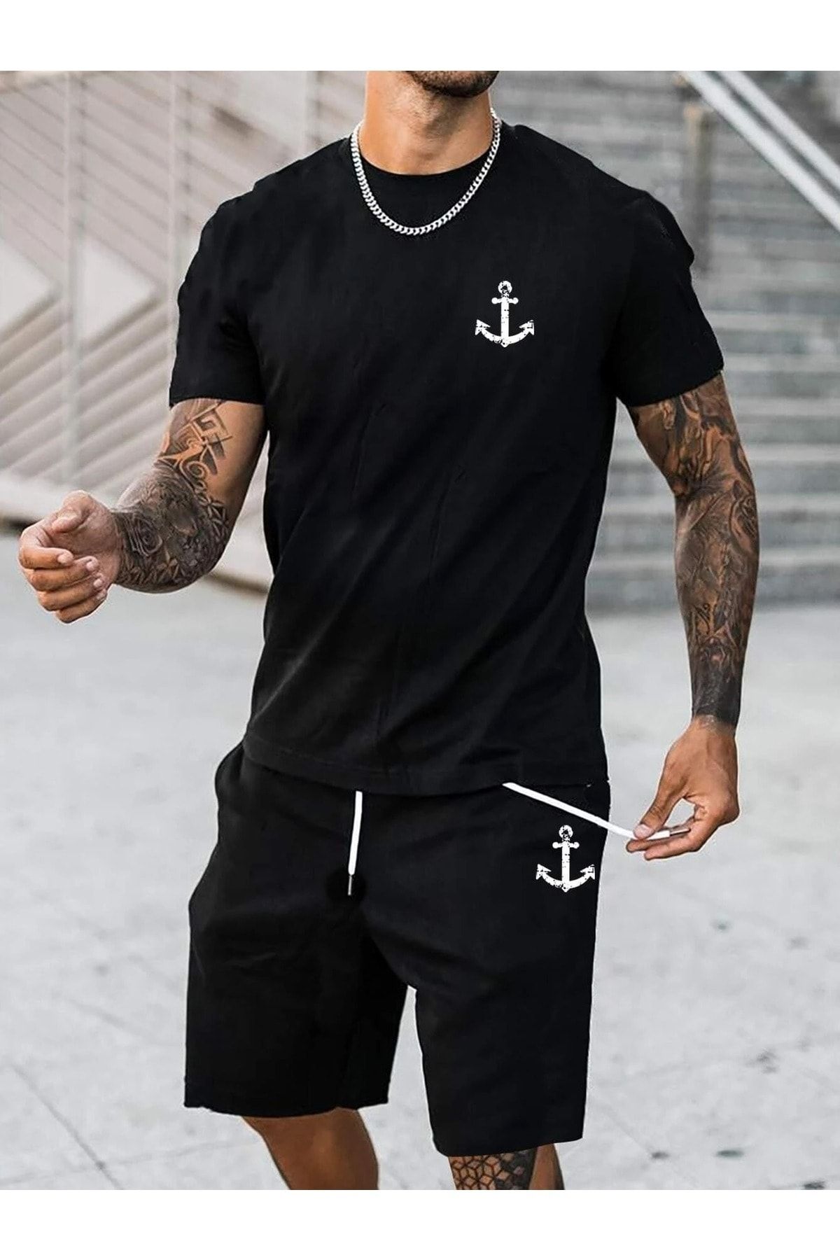 MODARİCH Çapa Desen T-shirt Şort - Siyah Şortlu Tişört Alt Üst Takım Baskılı Oversize Bisiklet Yaka