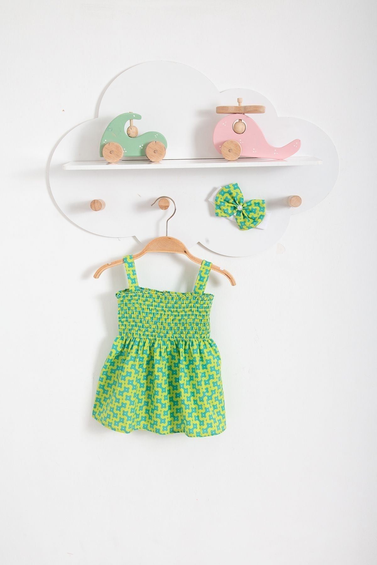 Bubito Sıralı Çiçekler Görselli Bandanalı Yazlık Bebek Elbise-Yeşil