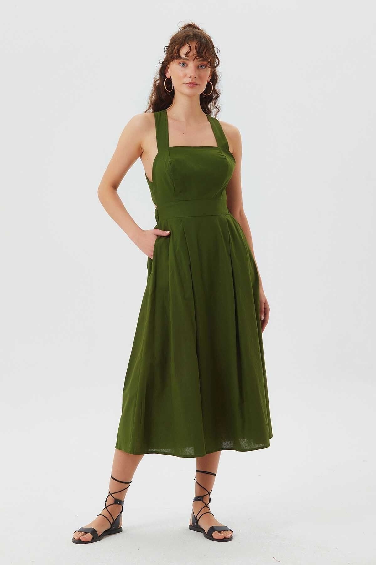 Clandestino Sırt Dekolteli Pamuklu Elbise Yeşil