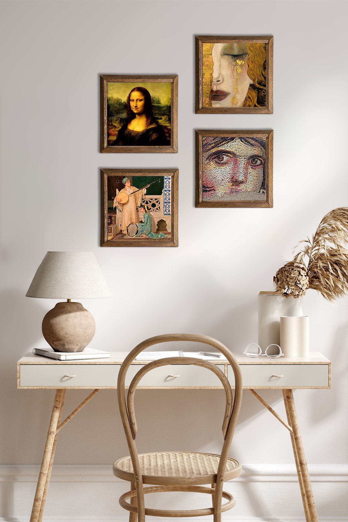 Pinecone Çingene Kızı, Gustav Klimt, Iki Müzisyen Kız, Leonardo Da Vinci Taş Tablo Çerçeveli Duvar Dekoru
