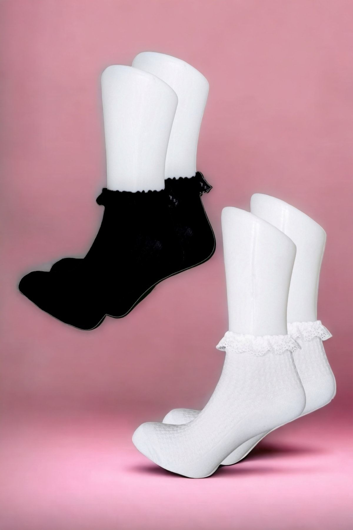 ZEYZEY MONKEY 2'li Siyah Ve Beyaz Dantelli Pamuklu Çorap Seti