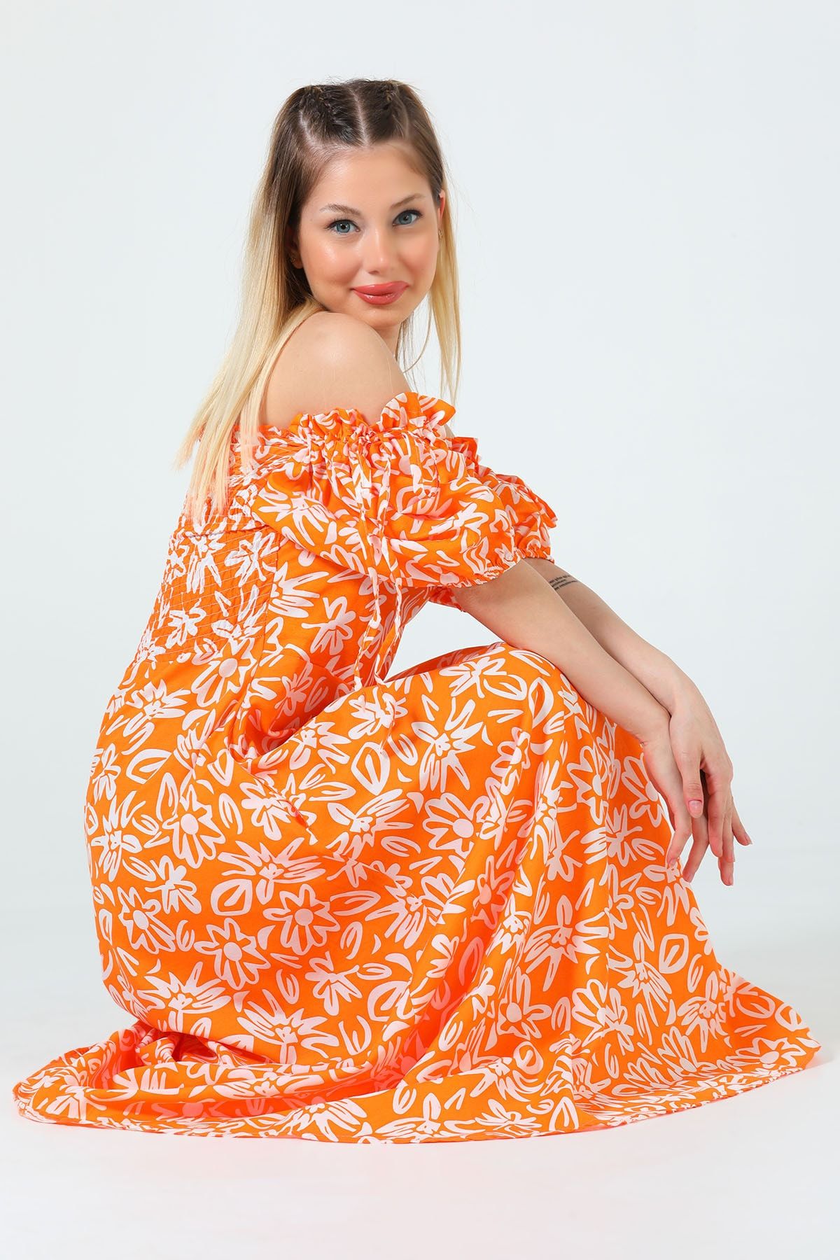 GÜLSELİ Orange Kadın Cep Detaylı Desenli Uzun Elbise