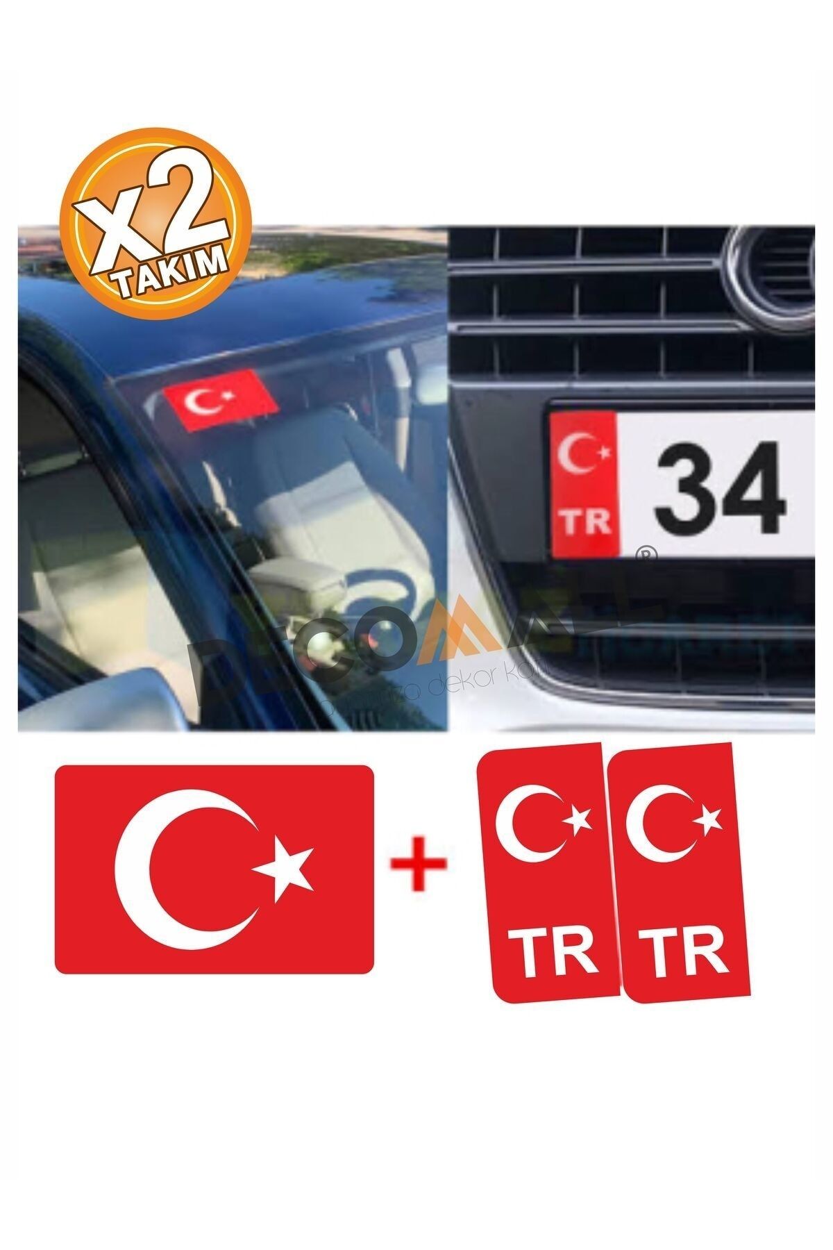 DECOMALL 2 Li Sticker Set Tr Plakalık Sticker Ve Ön Cam Türk Bayrak Sticker Yapışkanlı