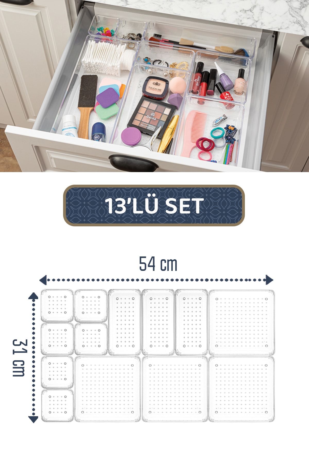 Meleni Home 13'lü Takı Kozmetik Düzenleyici - Modüler Makyaj Çekmece İçi Düzenleyici - Mutfak Banyo Organizer