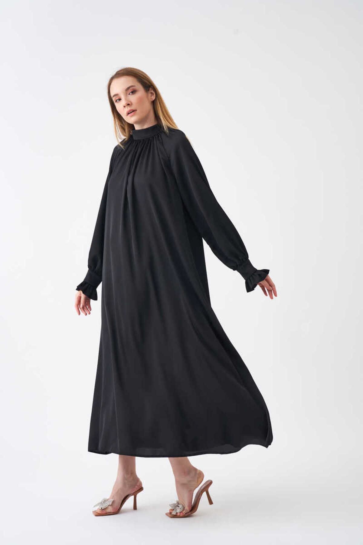Mevra Kolu Fırfırlı Abiye Elbise Siyah