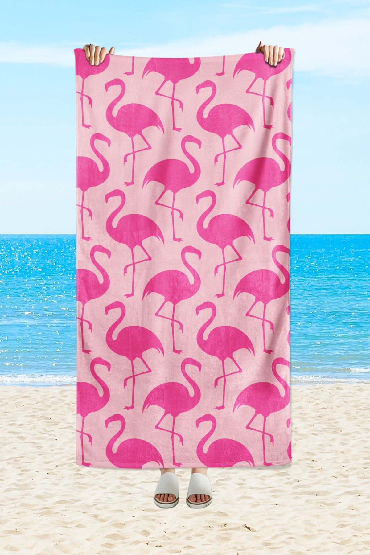 Evmila EVMİLA Flamingo Desenli Baskılı Deniz Ve Plaj Havlusu Pembe