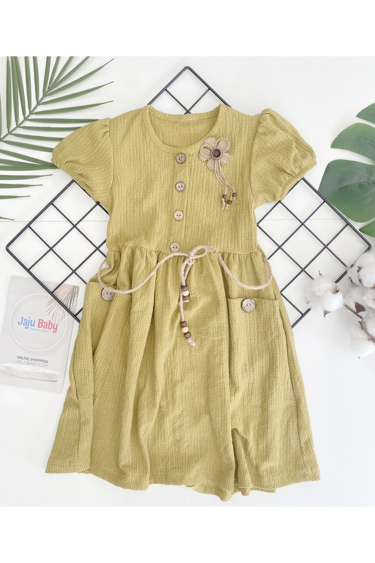 Jaju Baby Kız Çocuk Yeşil Bürümcük Kumaş Hasır Kemerli Elbise