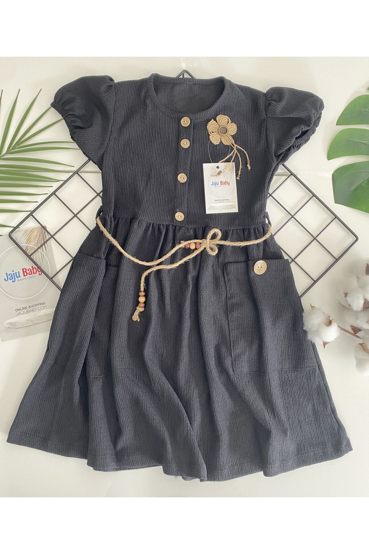 Jaju Baby Kız Çocuk Siyah Bürümcük Kumaş Hasır Kemerli Elbise