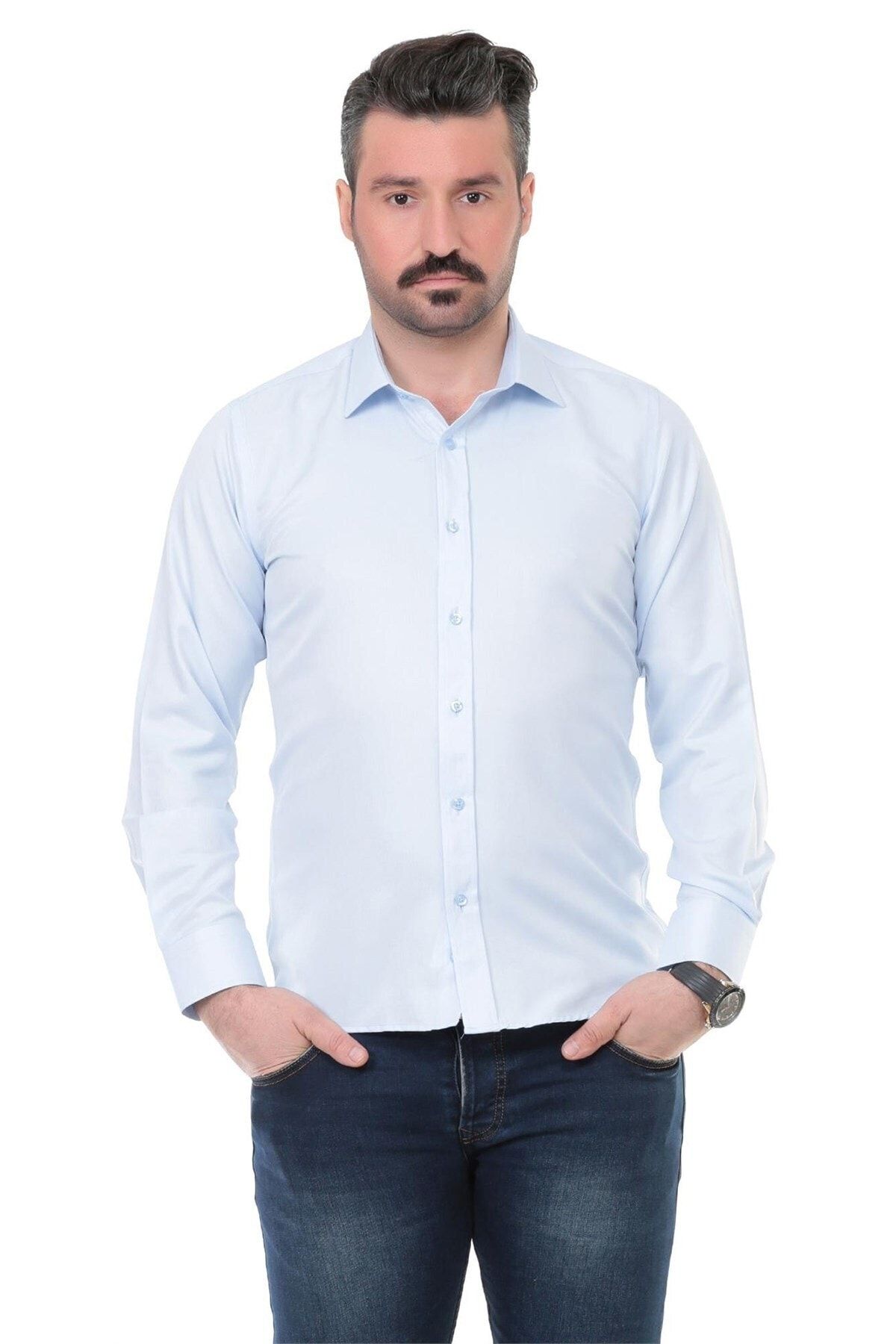 Buenza Erkek Açık Mavi Sry 41102 Slim Fit Uzun Kol Gömlek