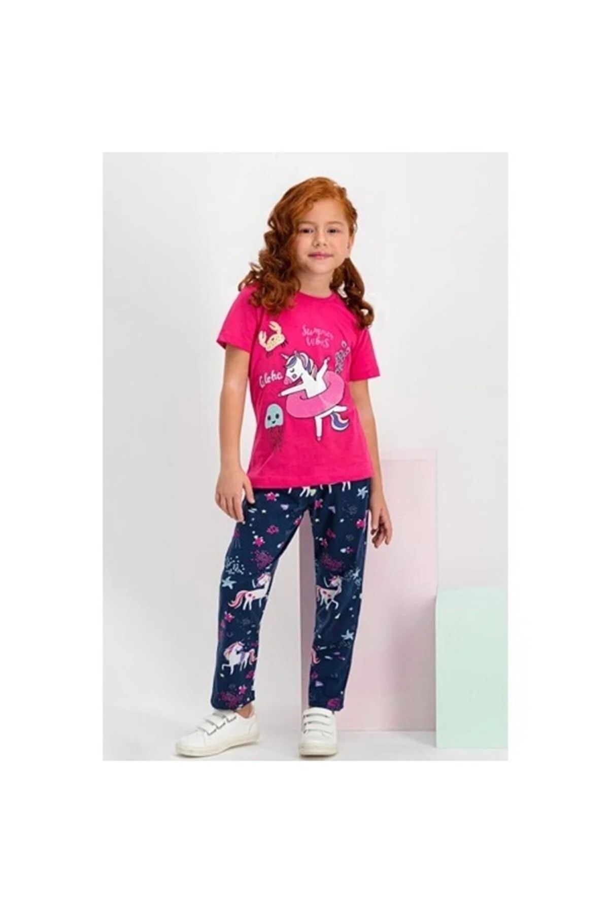 Rolypoly Summer Unicorn Fuşya Kız Çocuk Pijama Takımı