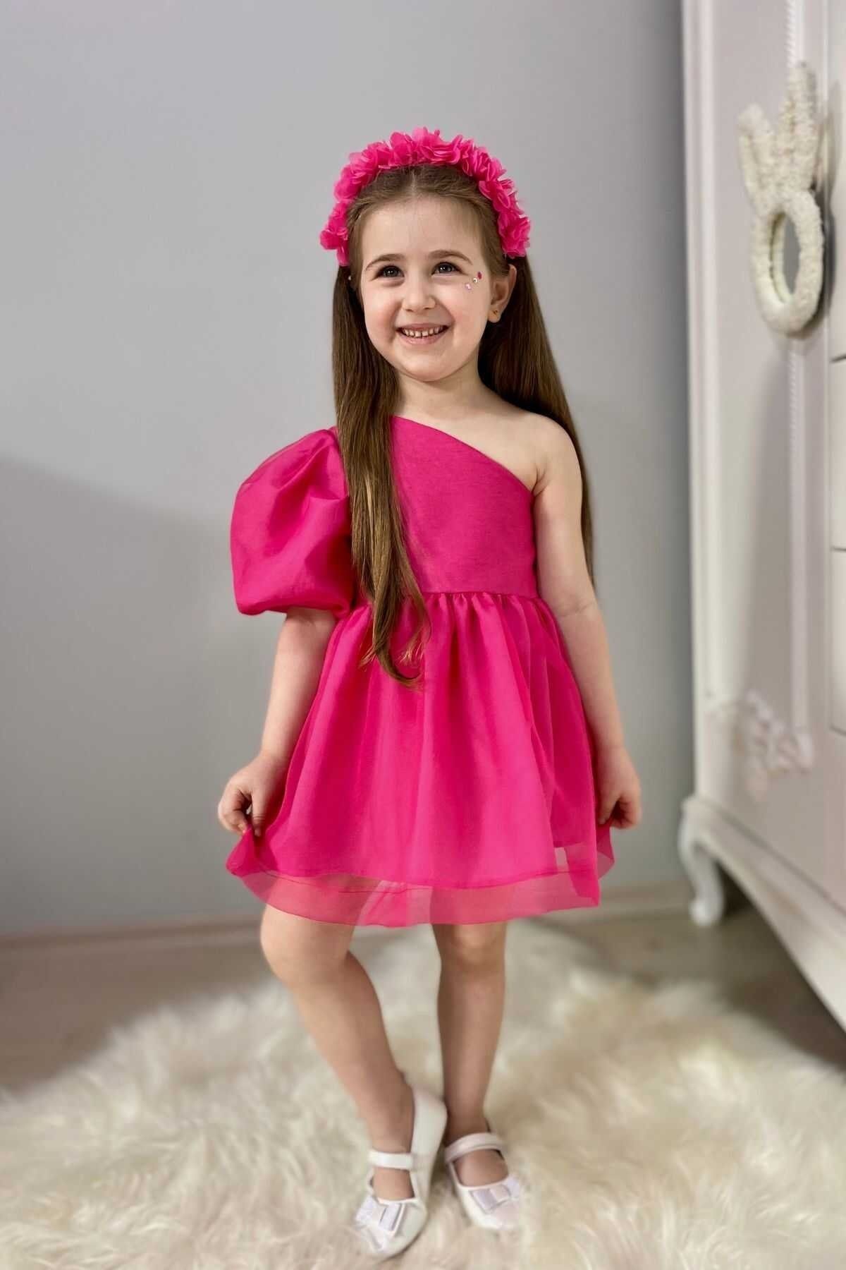 Little Honey Bunnies Barbie Pembe Renk ve Parıltılı Tek Omuz Organze Elbise