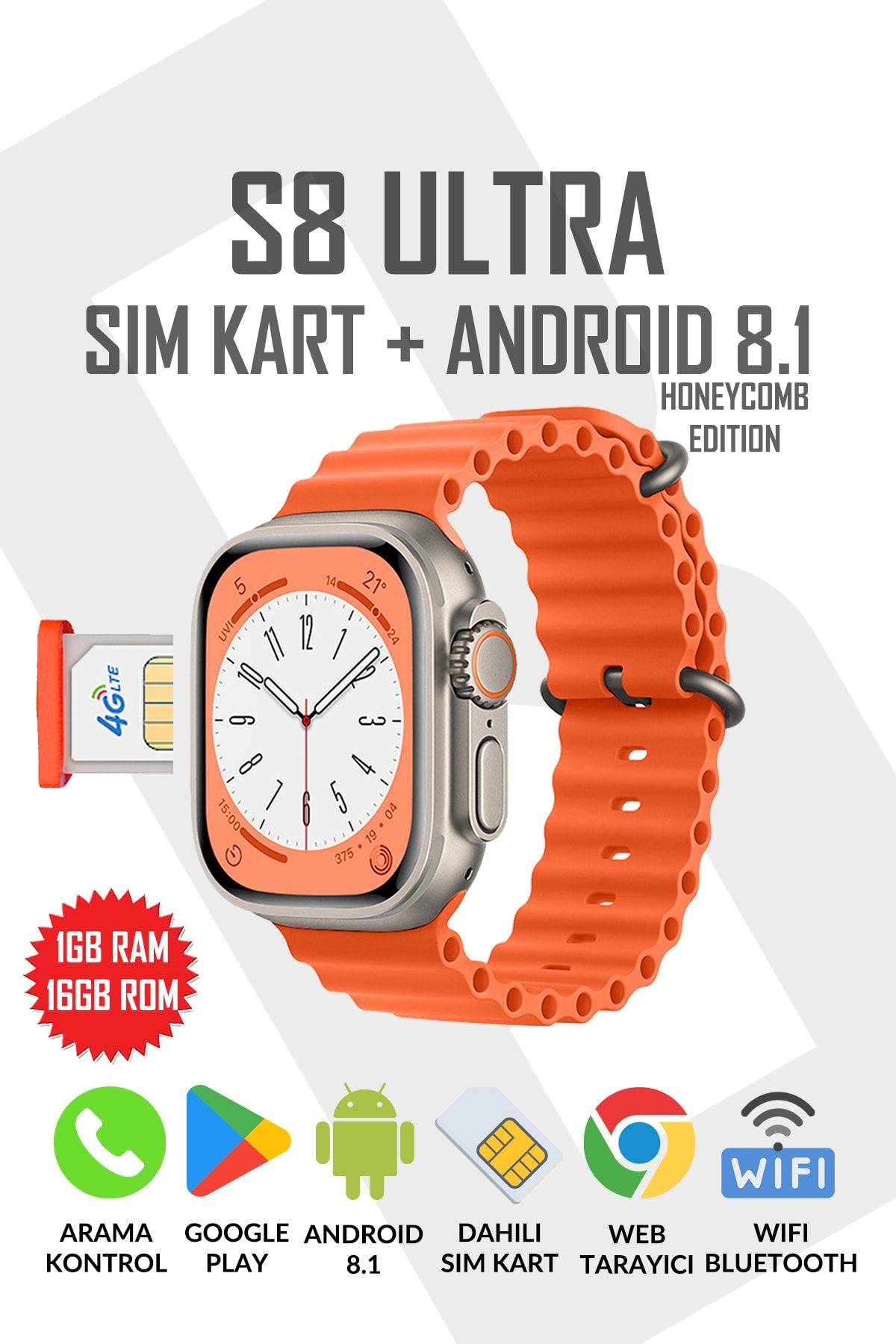 Byrist S8 ULTRA 49MM SIM KART / 4G / LTE / WIFI / Bluetooth / Google Play Destekli Android 8.1 Akıllı Saat