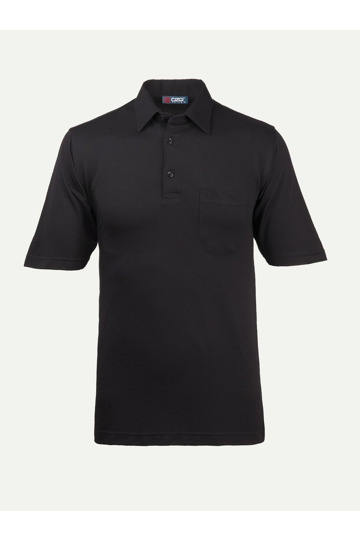 Çizgi Triko Erkek Gömlek Yaka Tişört Düz Siyah Renk Günlük Cep Detaylı