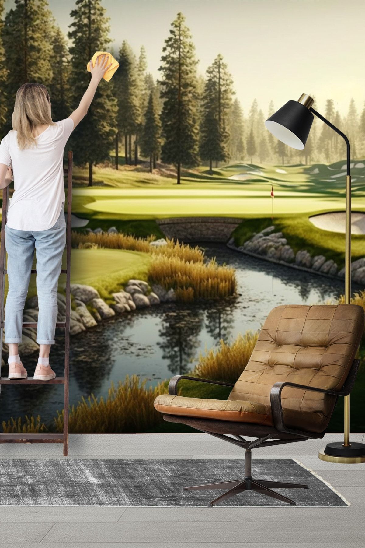 Dekoros 3D Orman Golf Sahası Tek Parça Duvar Kağıtları, Canlı Manzara Resmi Posteri, Desen Tutturmasız