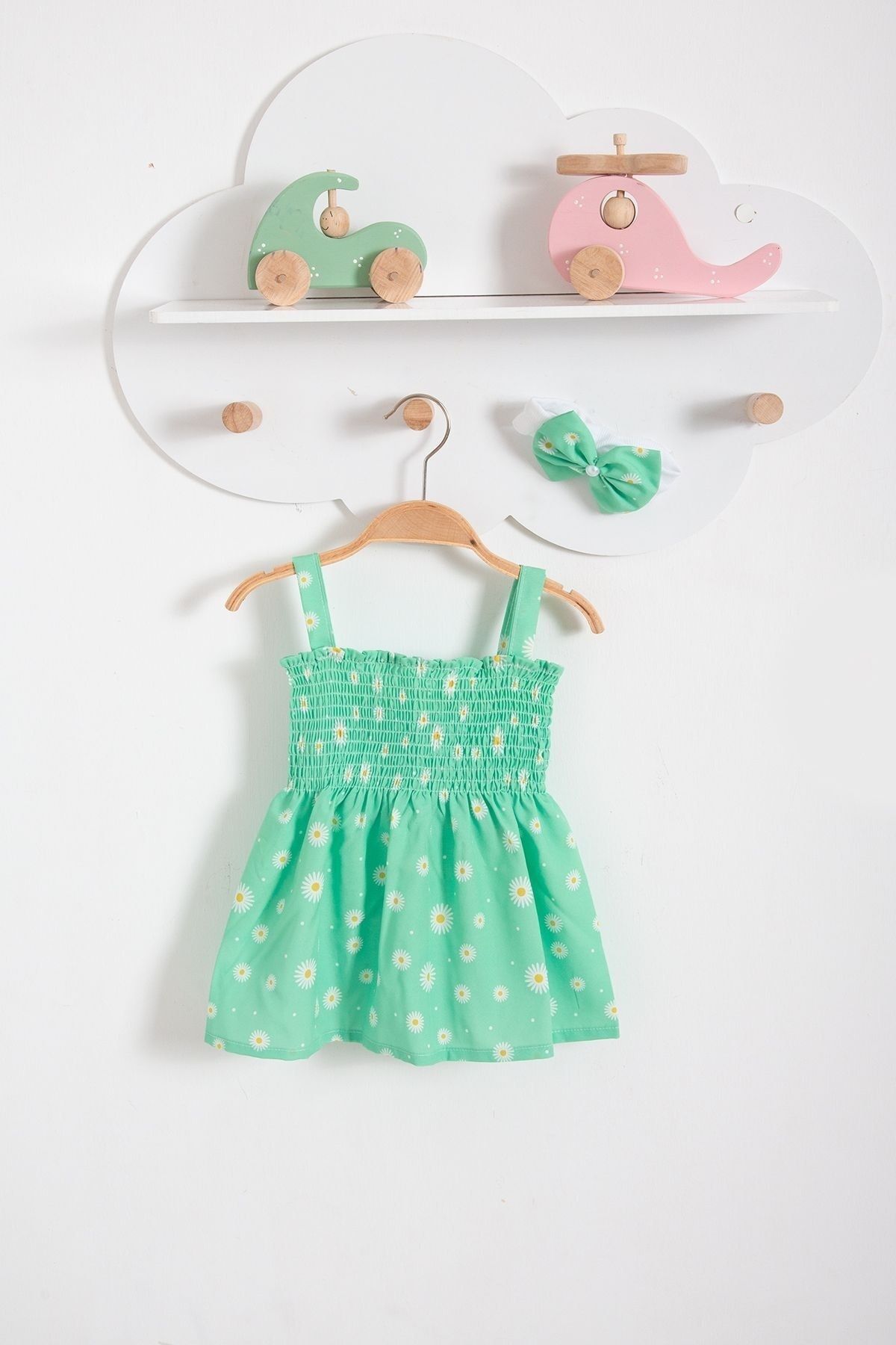 Bubito Papatya Görselli Bandanalı Yazlık Bebek Elbise-Yeşil