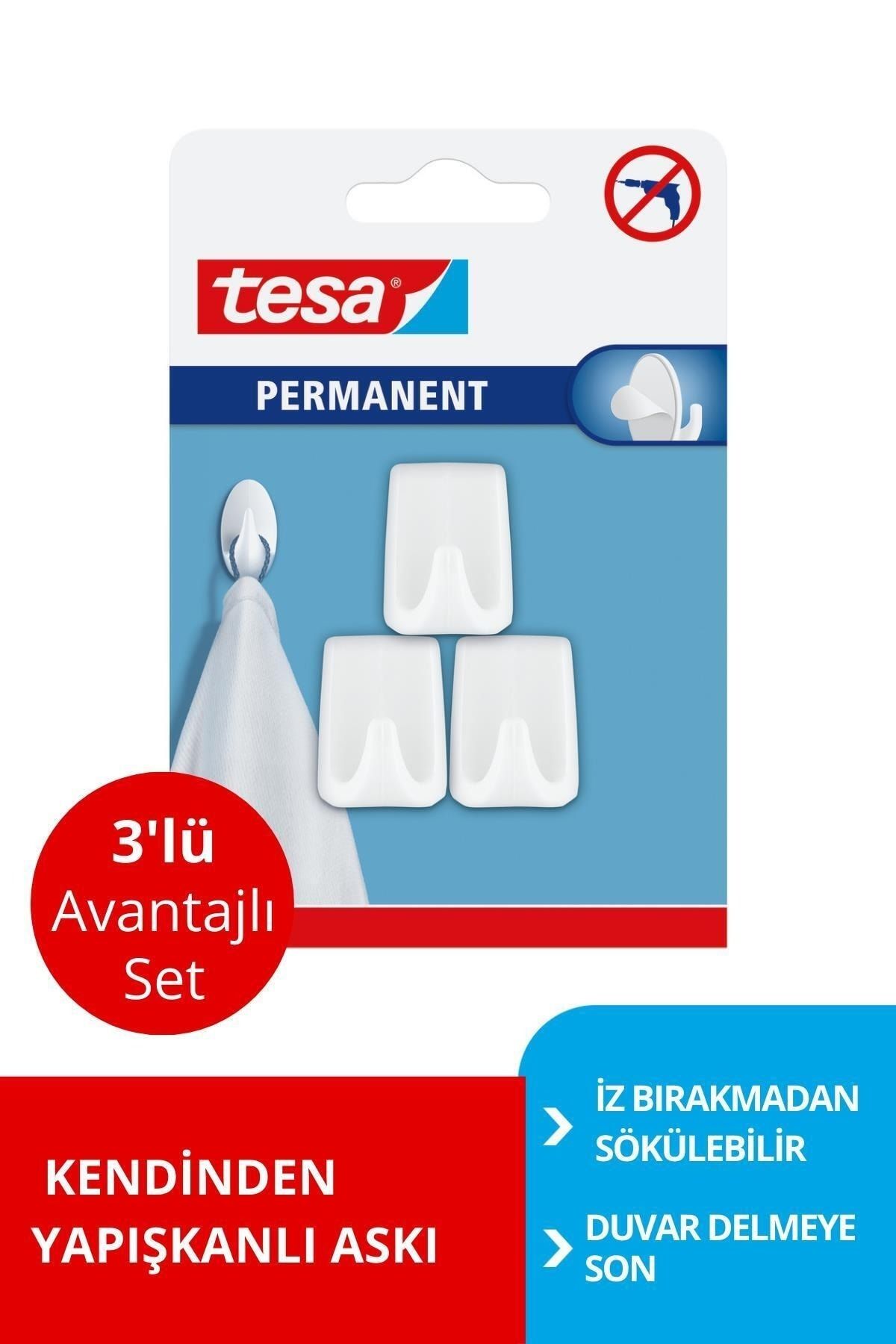 Tesa PERMANENT Askı Plastik Küçük Dikd. Beyaz 3 adet X 3 Paket (Toplam 6 askı)