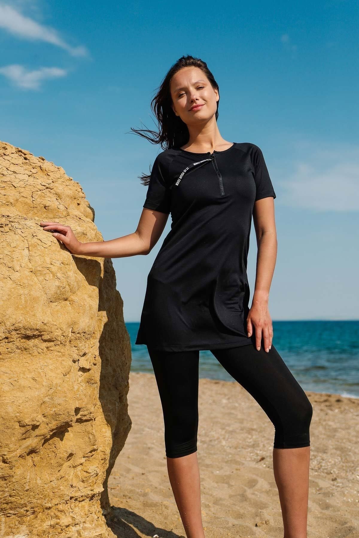 Marina Rivamera 3'lü Siyah Yarı Kapalı Tesettür Elbise Mayo R2218