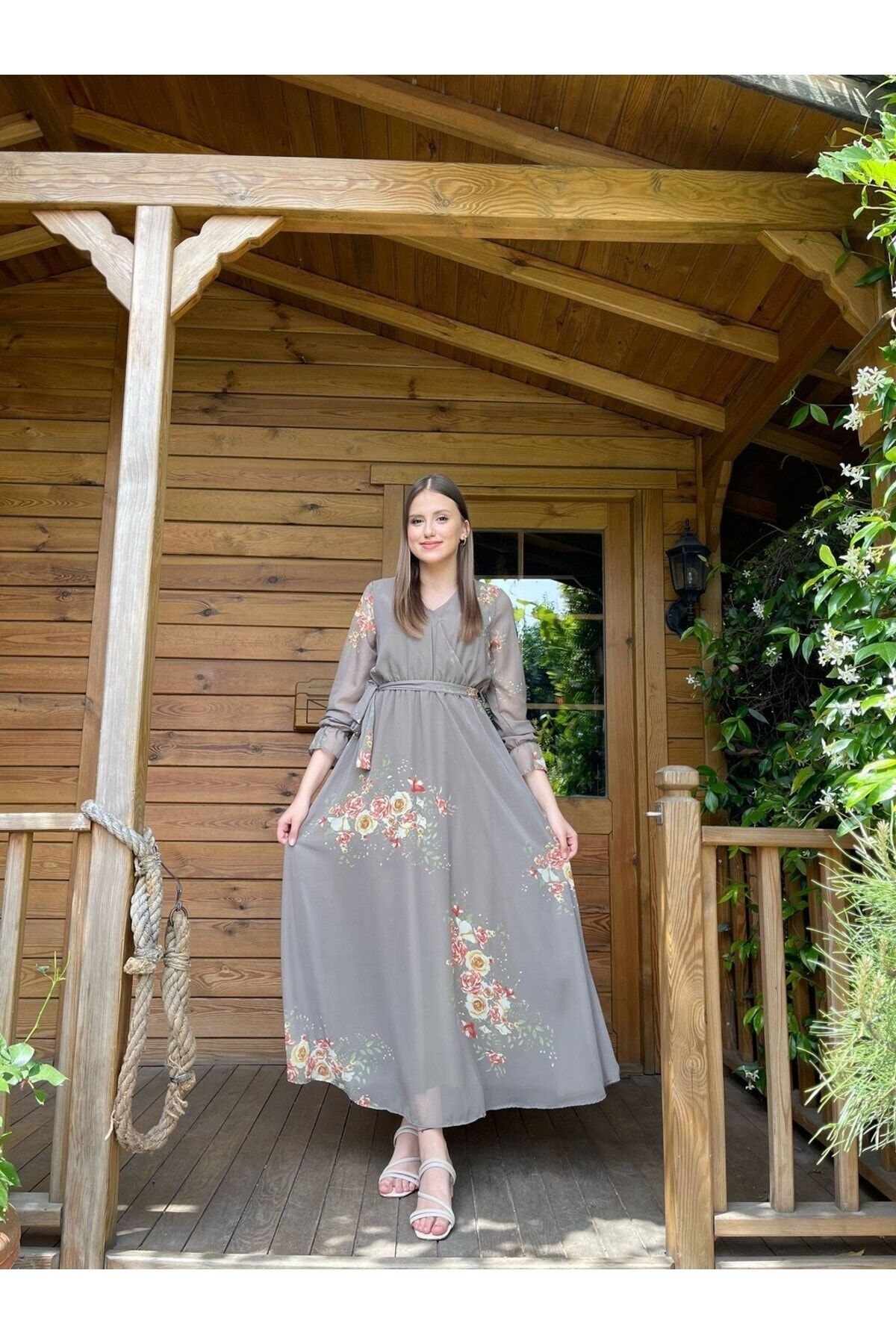 Miasista Uzun Astarlı Şifon Çiçekli Elbise