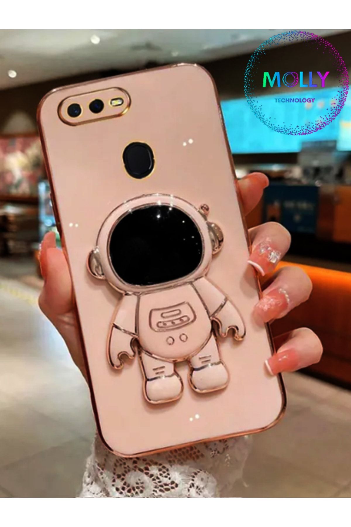 Molly Technology Huawei P Smart 2018 İçin Rose Astronot Standlı Kenarları Gold Detaylı Lüks Silikon Kılıf