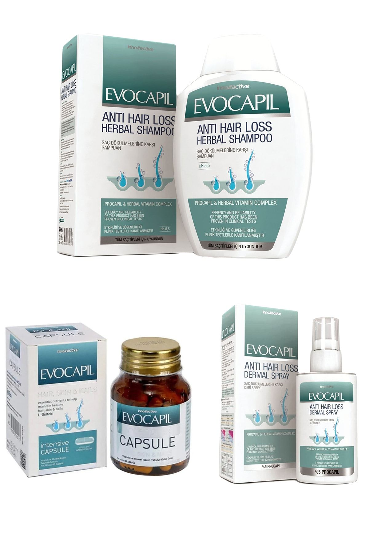 Evocapil Dökülmeye Karşı 3'lü Set Procapil Şampuan 300 ml + Anti Hairloss Sprey 60 ml + Intensive 60 Kapsül