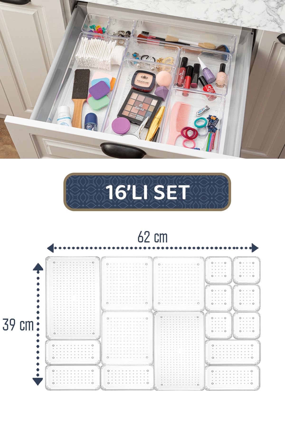 Meleni Home 16'lı Modüler Set Çekmece İçi Düzenleyici - Makyaj Takı Aksesuar Organizer - Dolap İçi Düzenleyici
