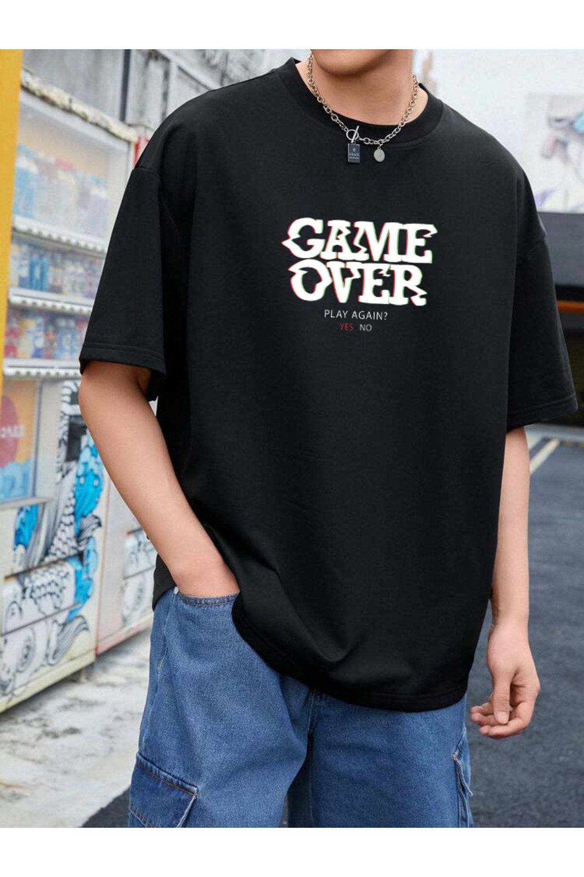 DEEPSENCE Unisex Oversize T-shirt Game Over Ön Baskılı Siyah