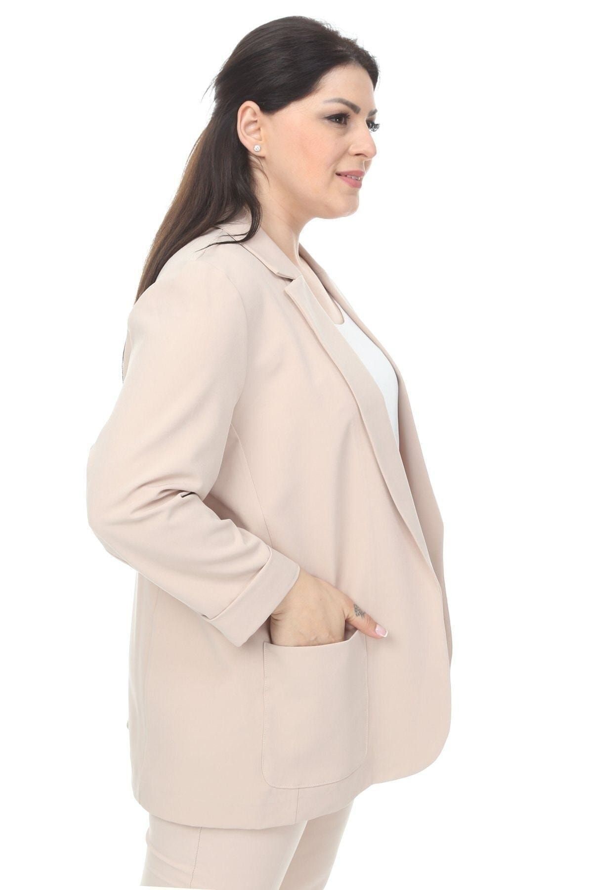 Hanezza Kadın Blazer Ceket | Krem | Büyük Beden | 7 Renk | Takım Elbise Uyumlu