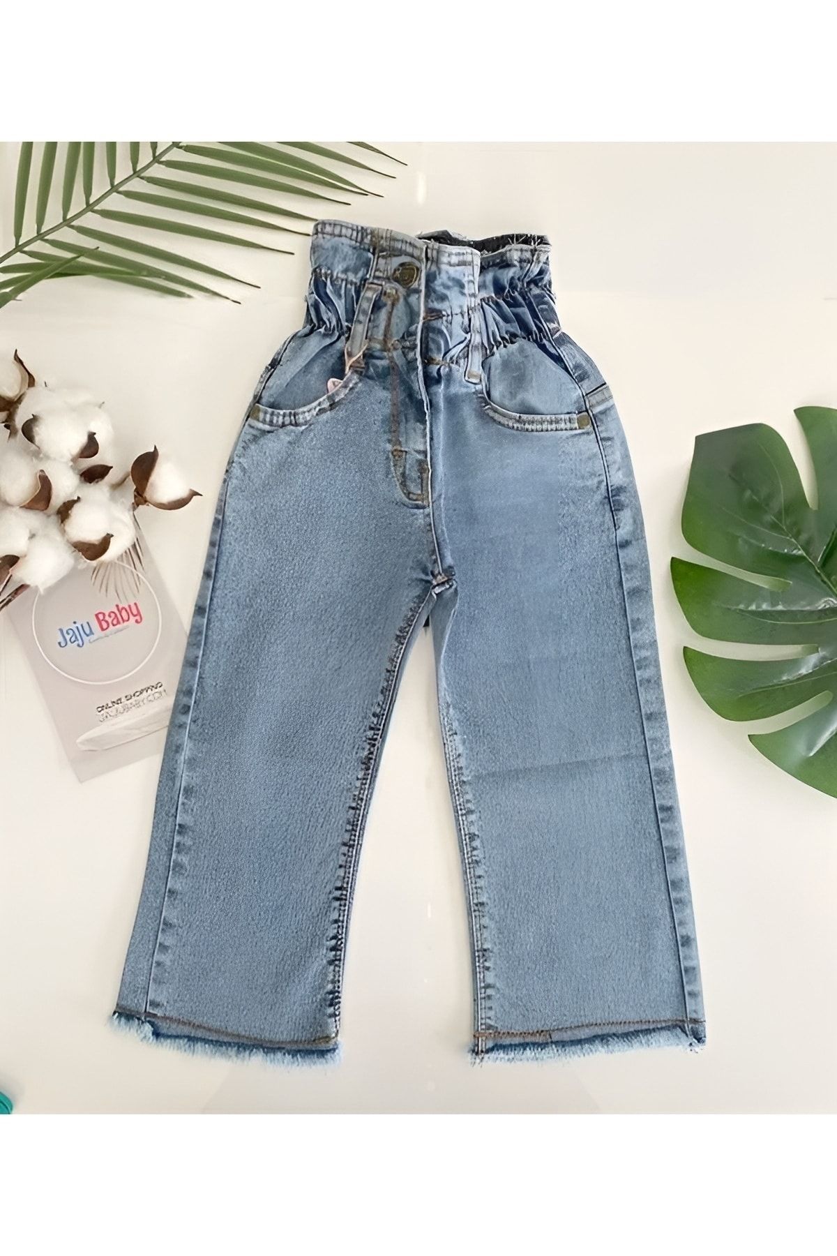 Jaju Baby Kız Çocuk Beli Lastikli Paçası Püsküllü Jeans Pantolon