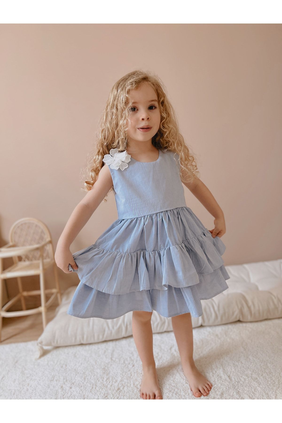 magu Kız Çocuk Mavi Kat Kat Etekli Elbise