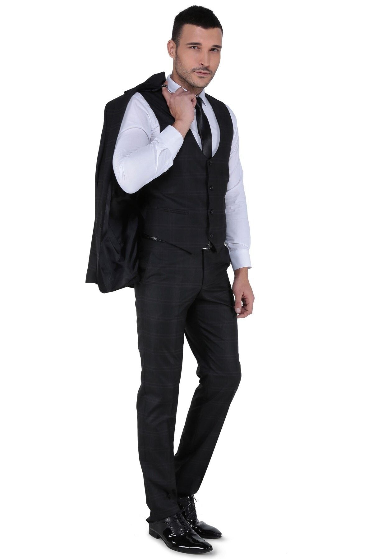 Buenza Panamera Dar Kesim Yelekli Takım Elbise - Siyah - 3B4M0434D256